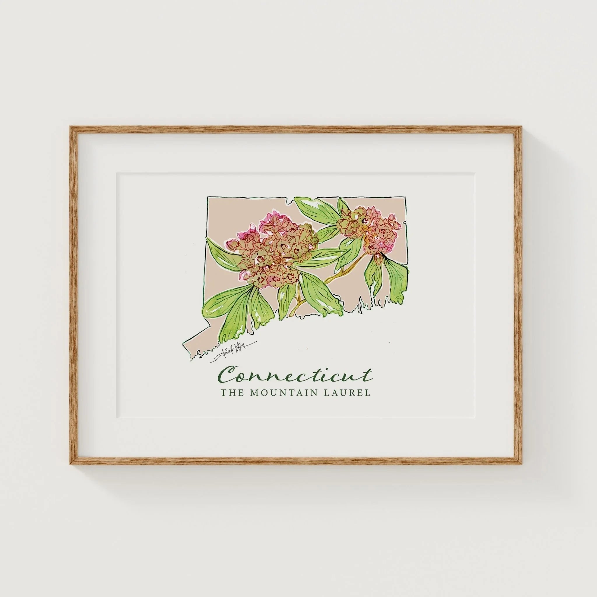 Connecticut state print with mountain laurel flowers, framed wall art