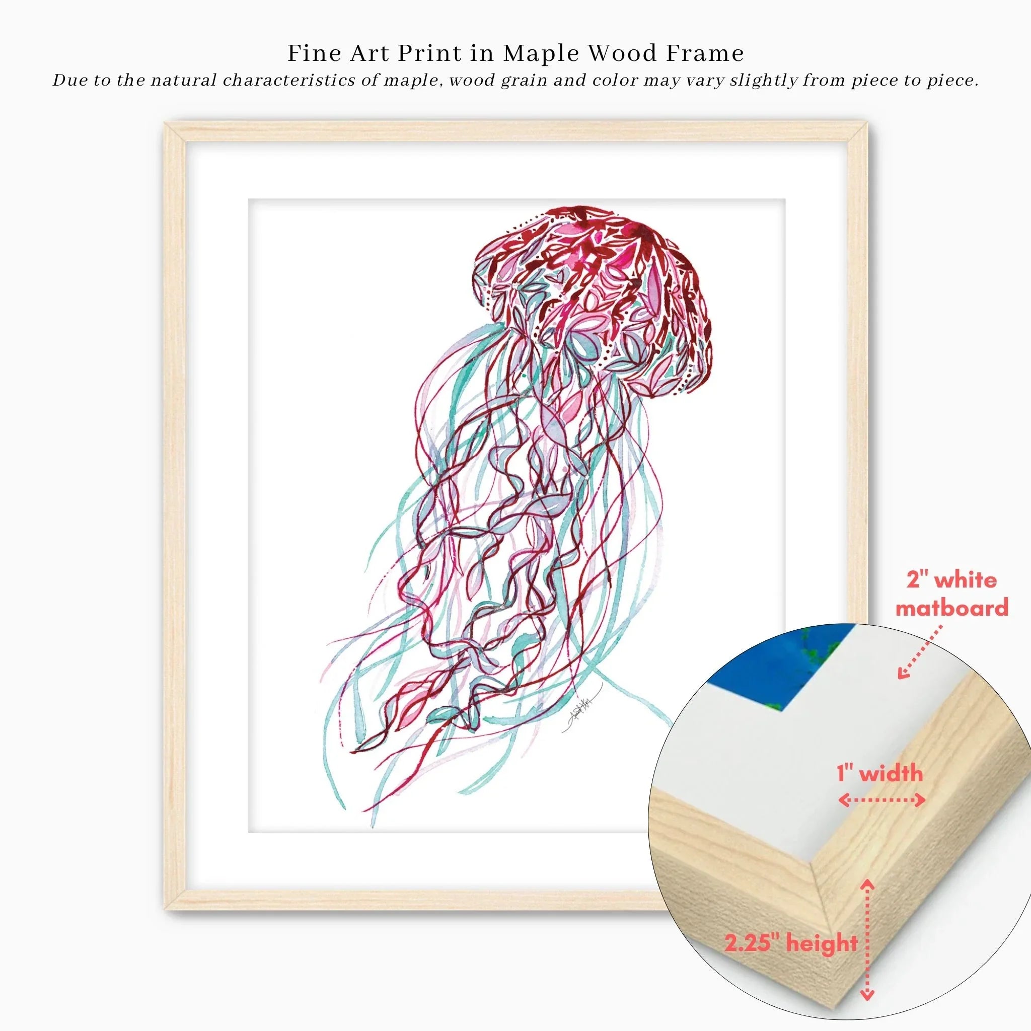 Colorful jellyfish fine art print in maple wood frame with white matboard, perfect wall decor
