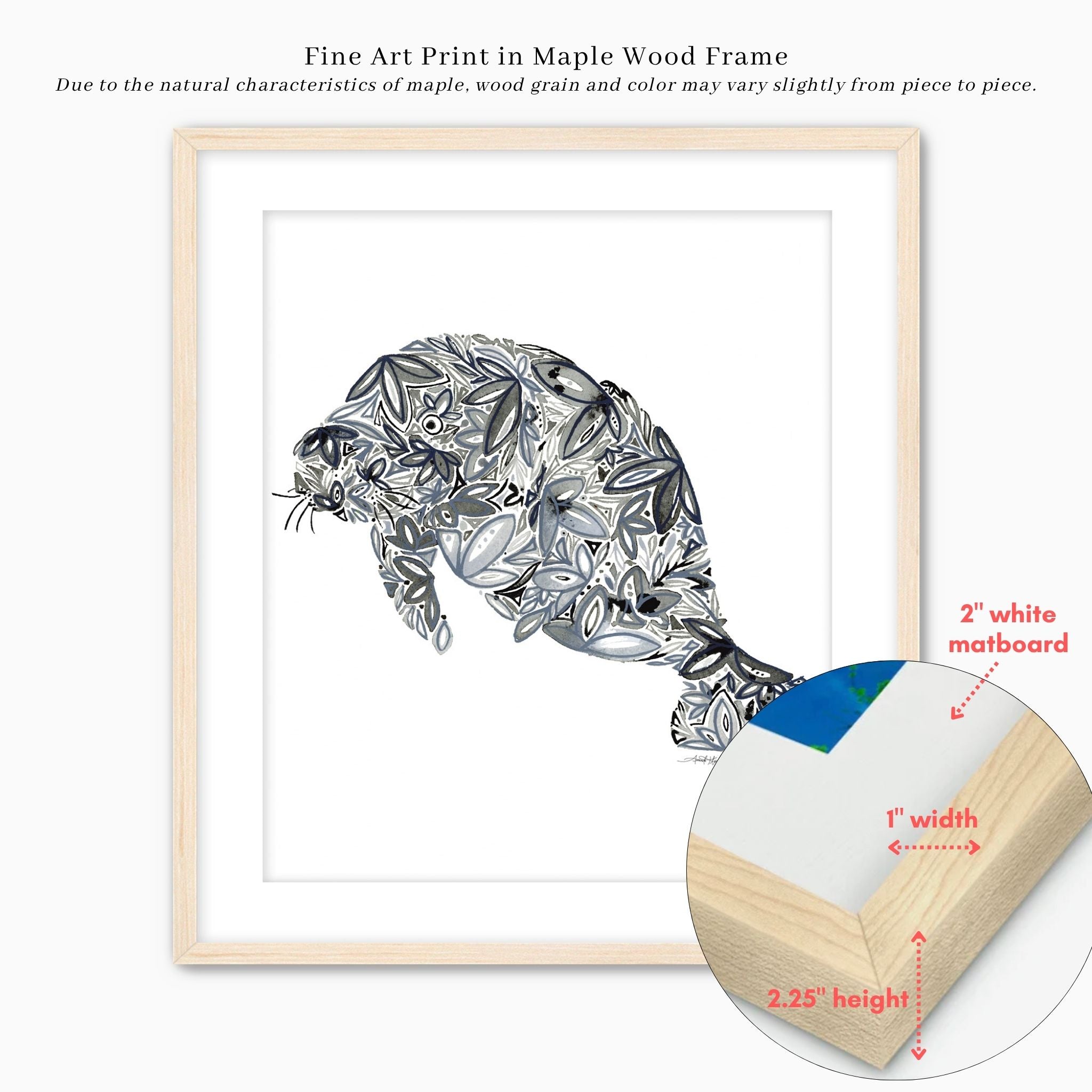 Framed fine art print of a floral-patterned manatee in maple wood frame with 2" white matboard