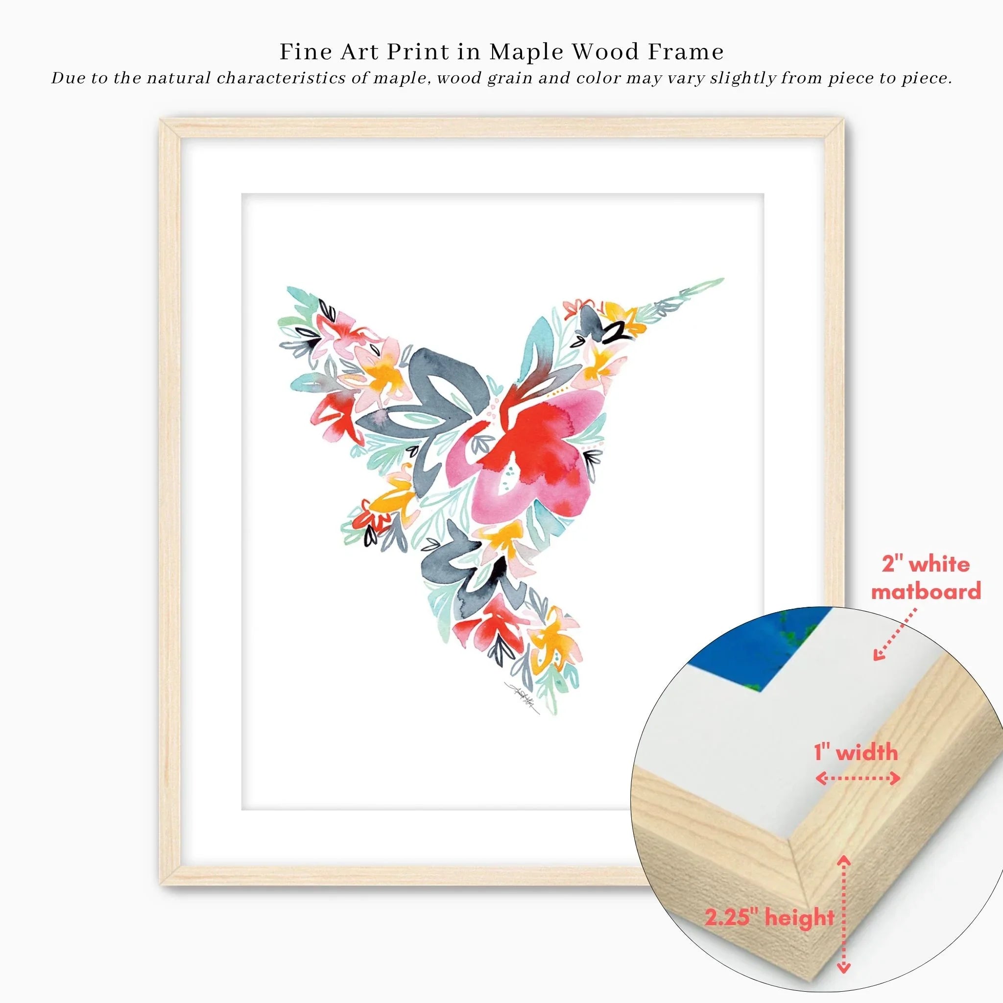 Floral fine art print in maple wood frame with 2" white matboard, vibrant watercolor design