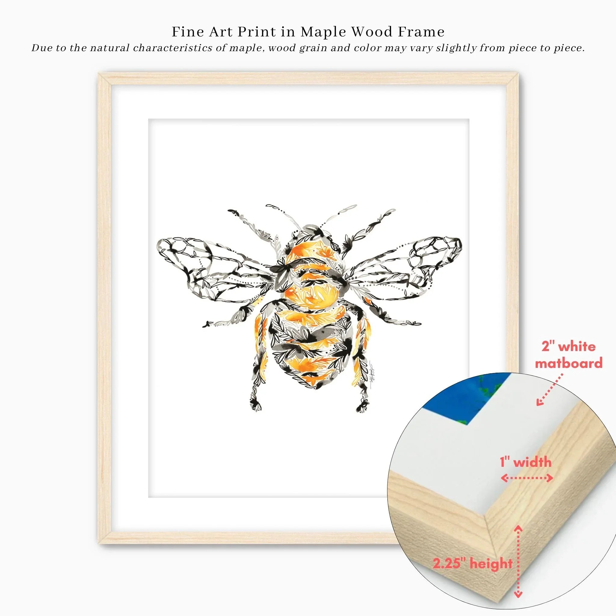 honey bee fine art print in maple wood frame with 2" white matboard, 1" width, 2.25" height