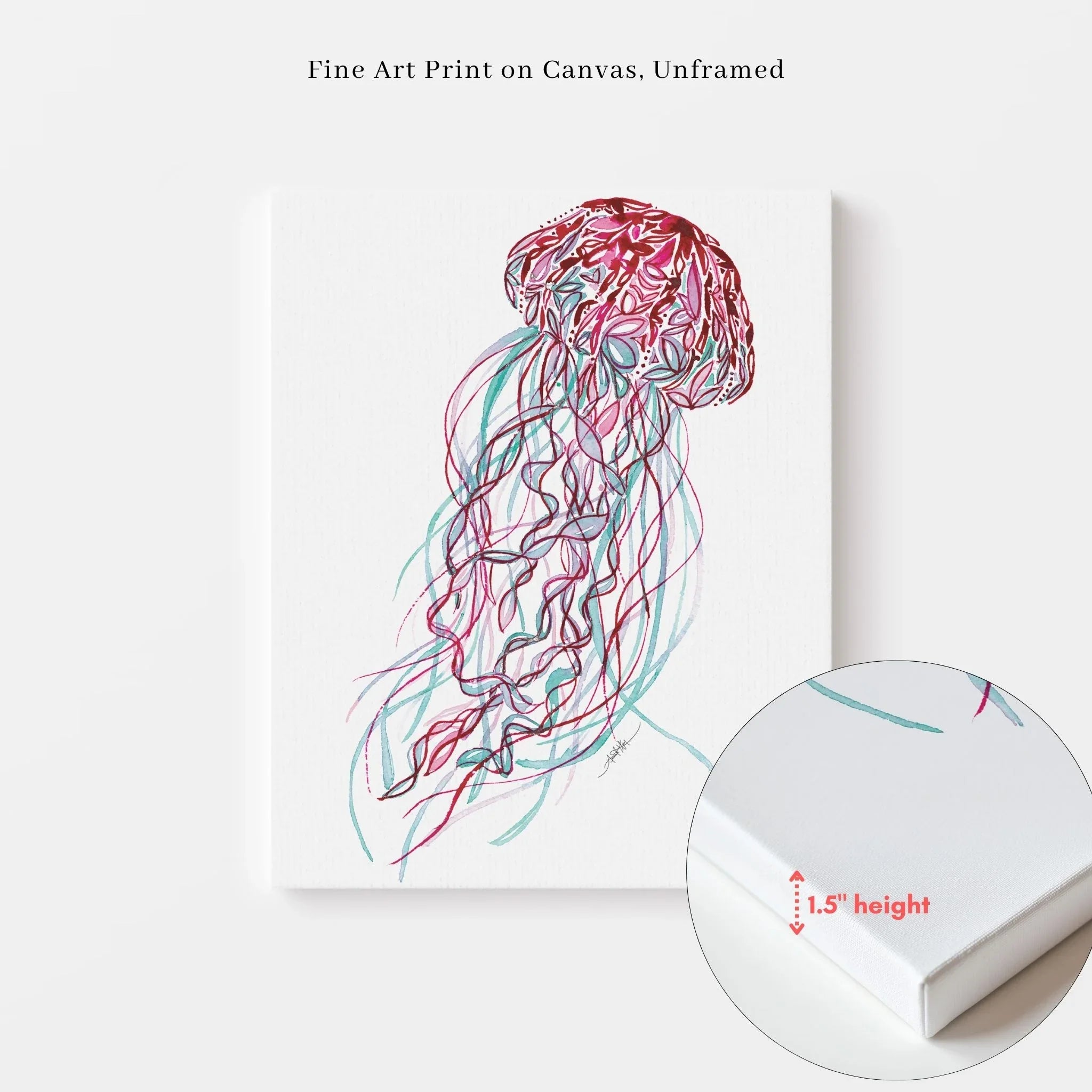 Unframed fine art canvas print of a colorful jellyfish with red and teal tentacles, 1.5" depth