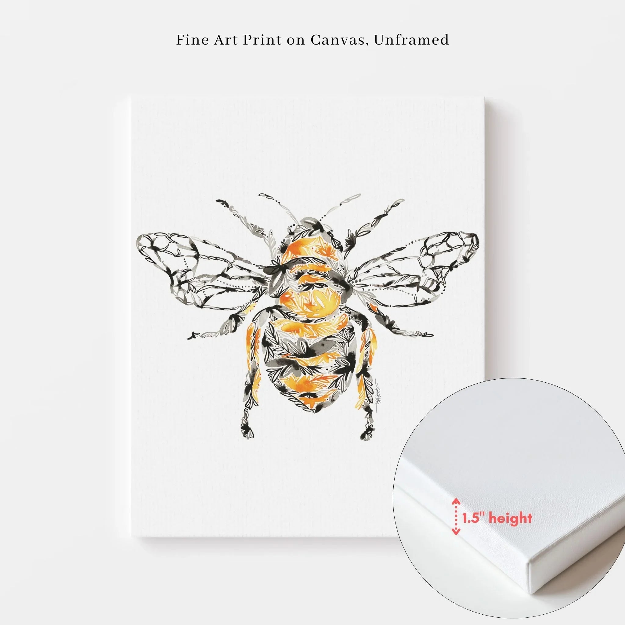 Unframed fine art canvas print of a decorative honey bee with floral patterns, 1.5" depth, perfect wall art