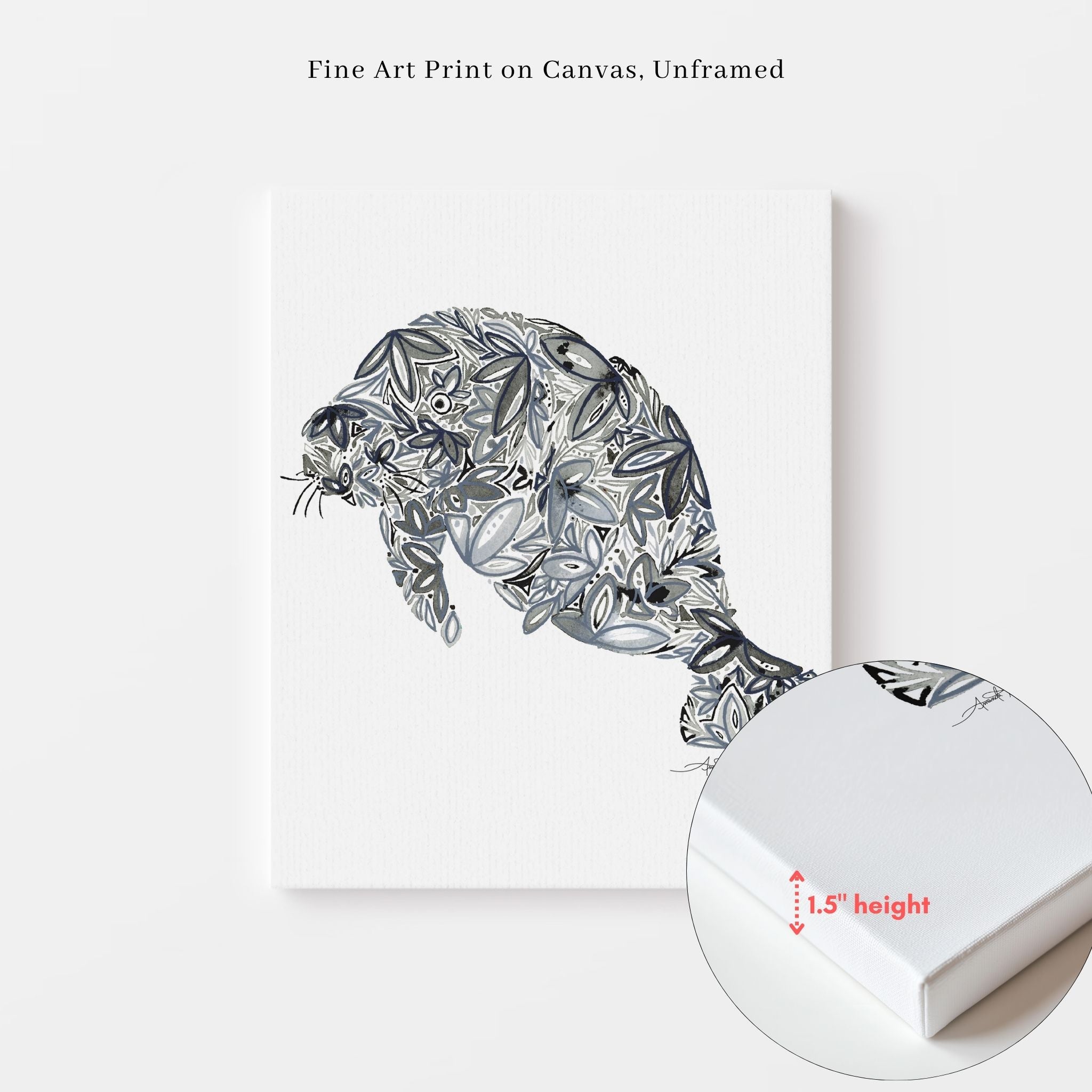 Unframed fine art canvas print of a floral-patterned manatee, 1.5" depth, hand-designed wall decor