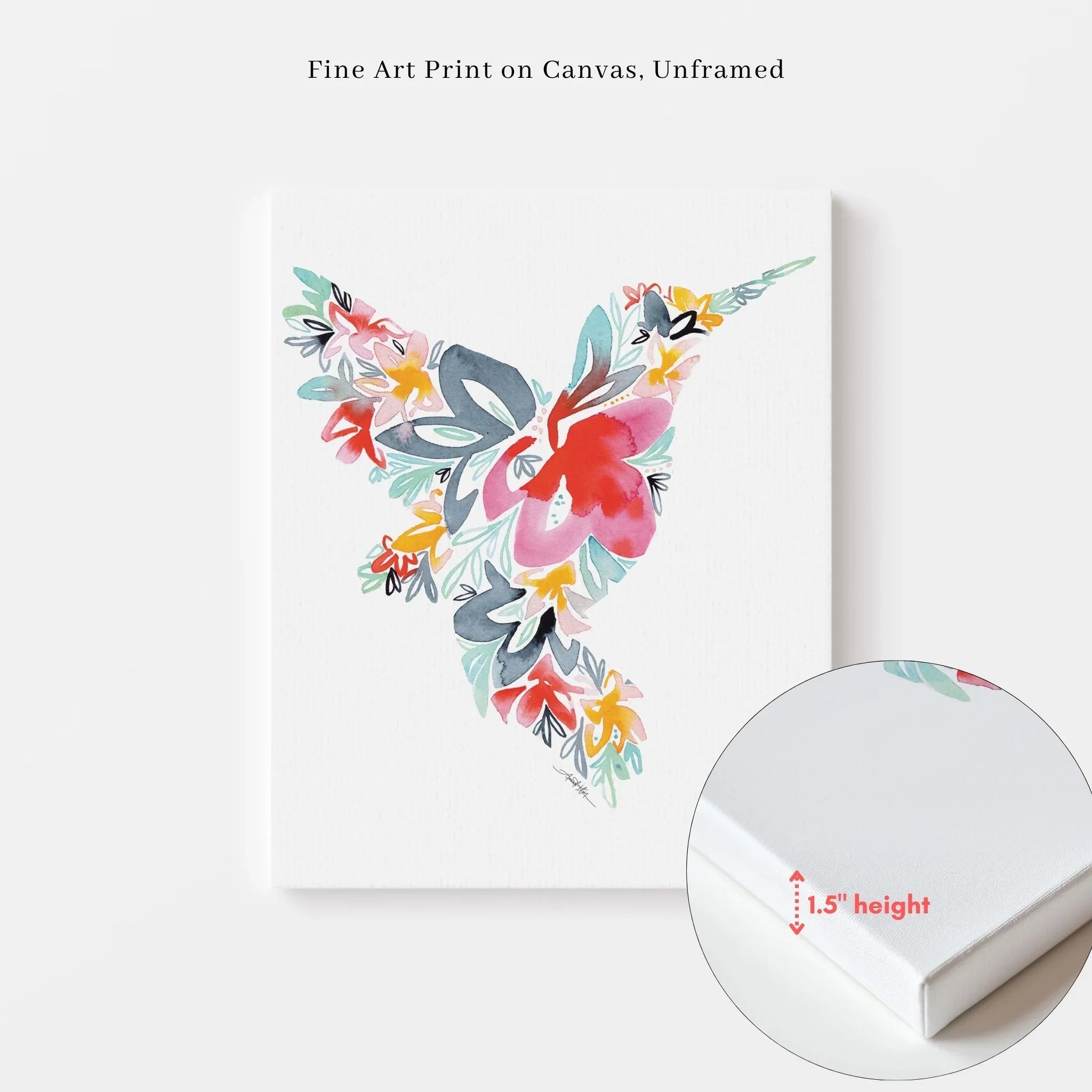 Unframed fine art hummingbird canvas print with colorful floral watercolor design, 1.5-inch depth