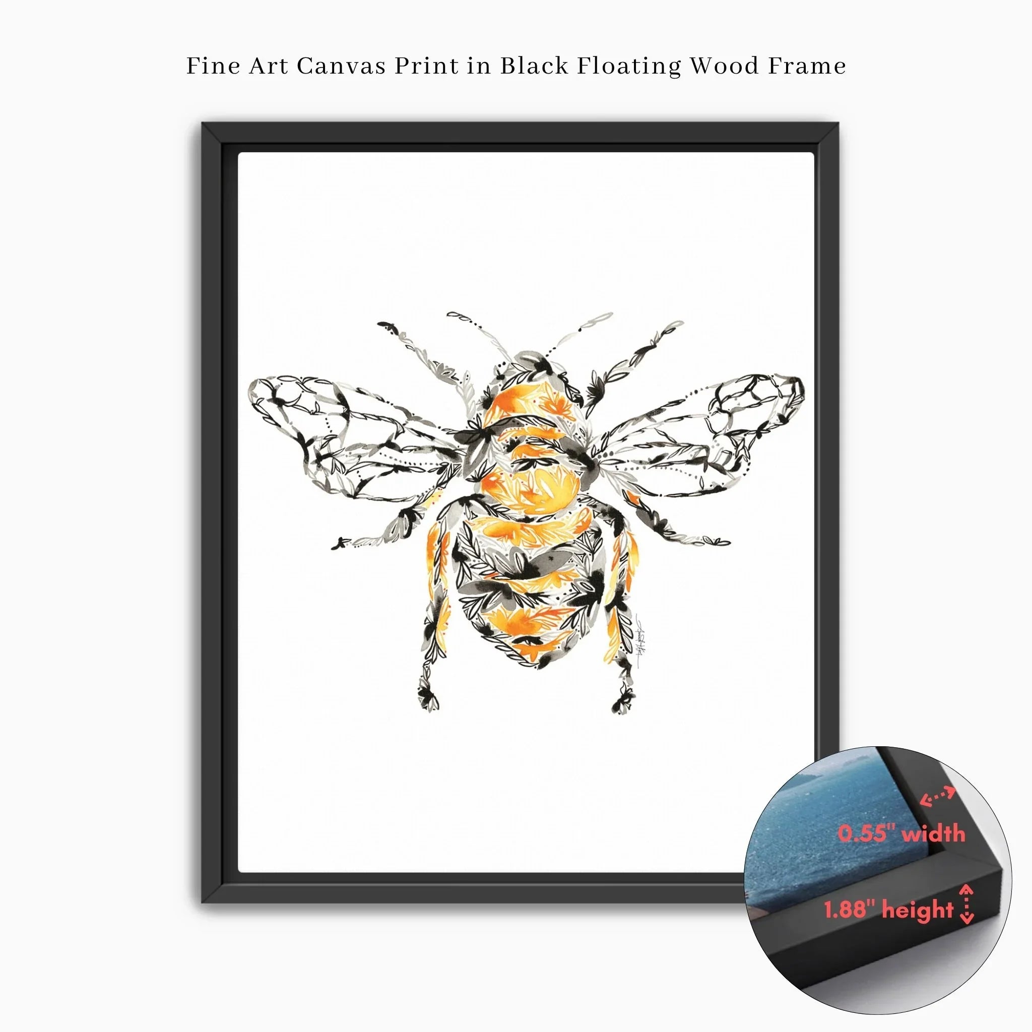 honey bee fine art canvas print in black floating wood frame, floral watercolor design