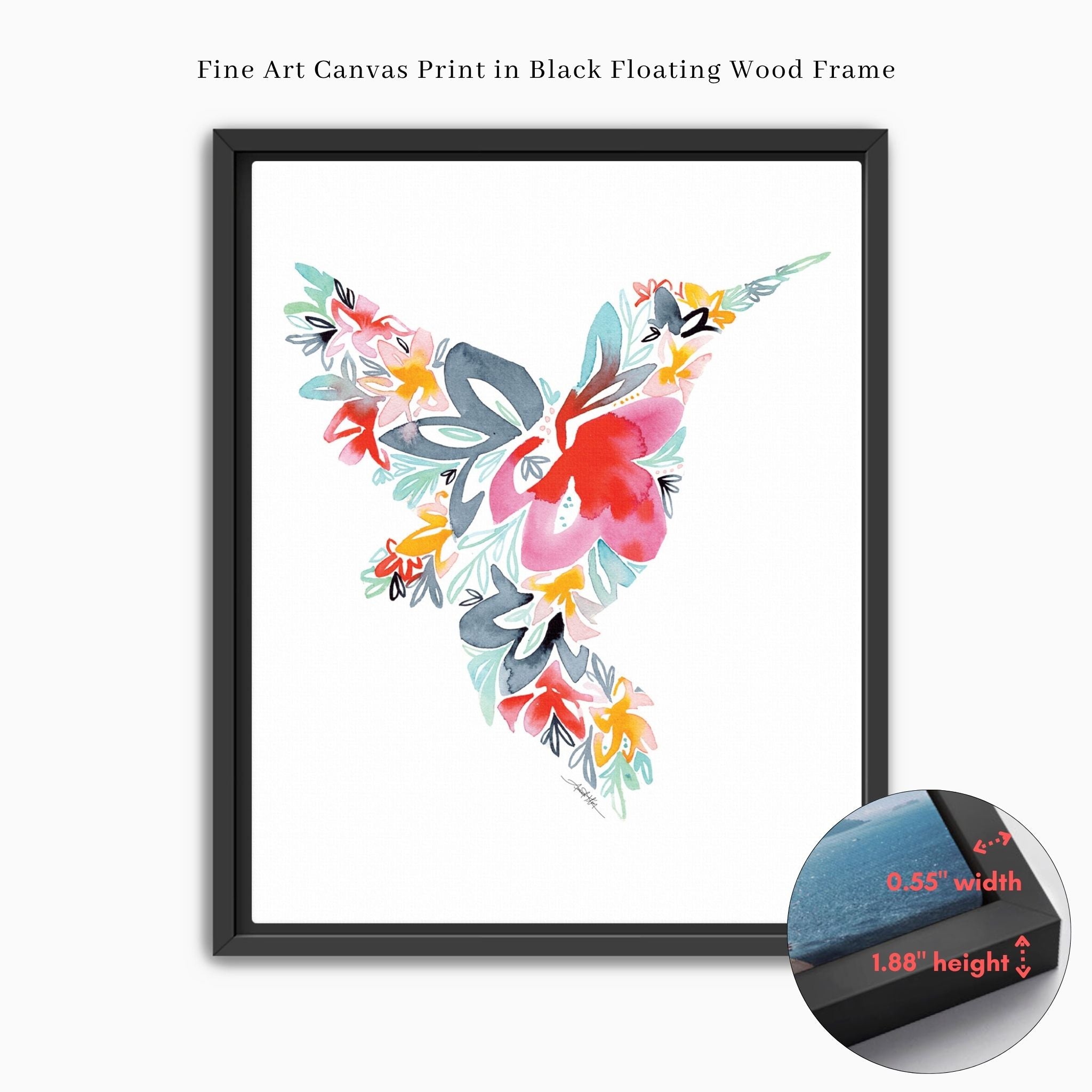 Floral hummingbird fine art canvas print in black floating frame, colorful watercolor design