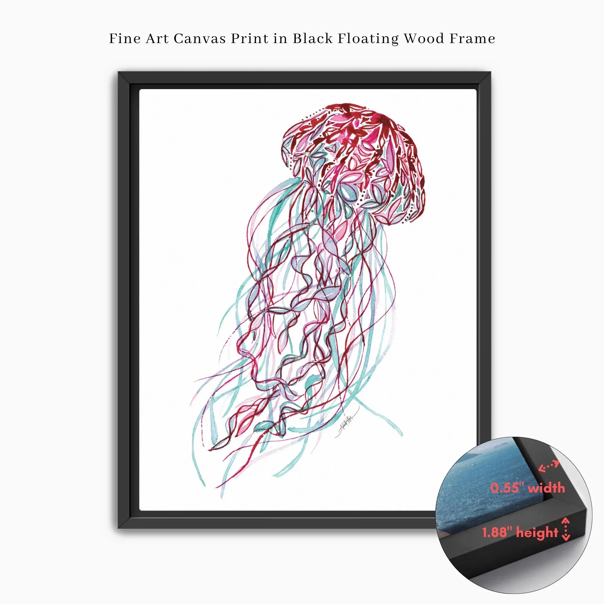 Colorful jellyfish fine art canvas print in black floating wood frame, vibrant watercolor style wall decor