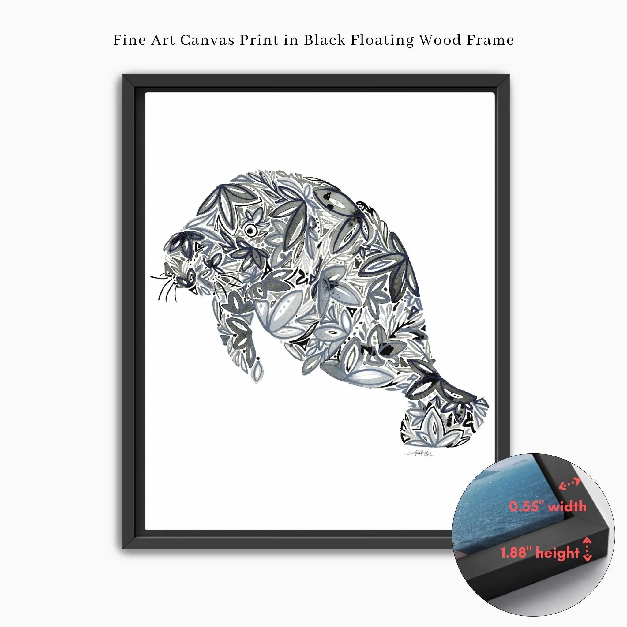 Floral-patterned sea manatee fine art canvas print in black floating wood frame, 0.55” width, 1.88” height
