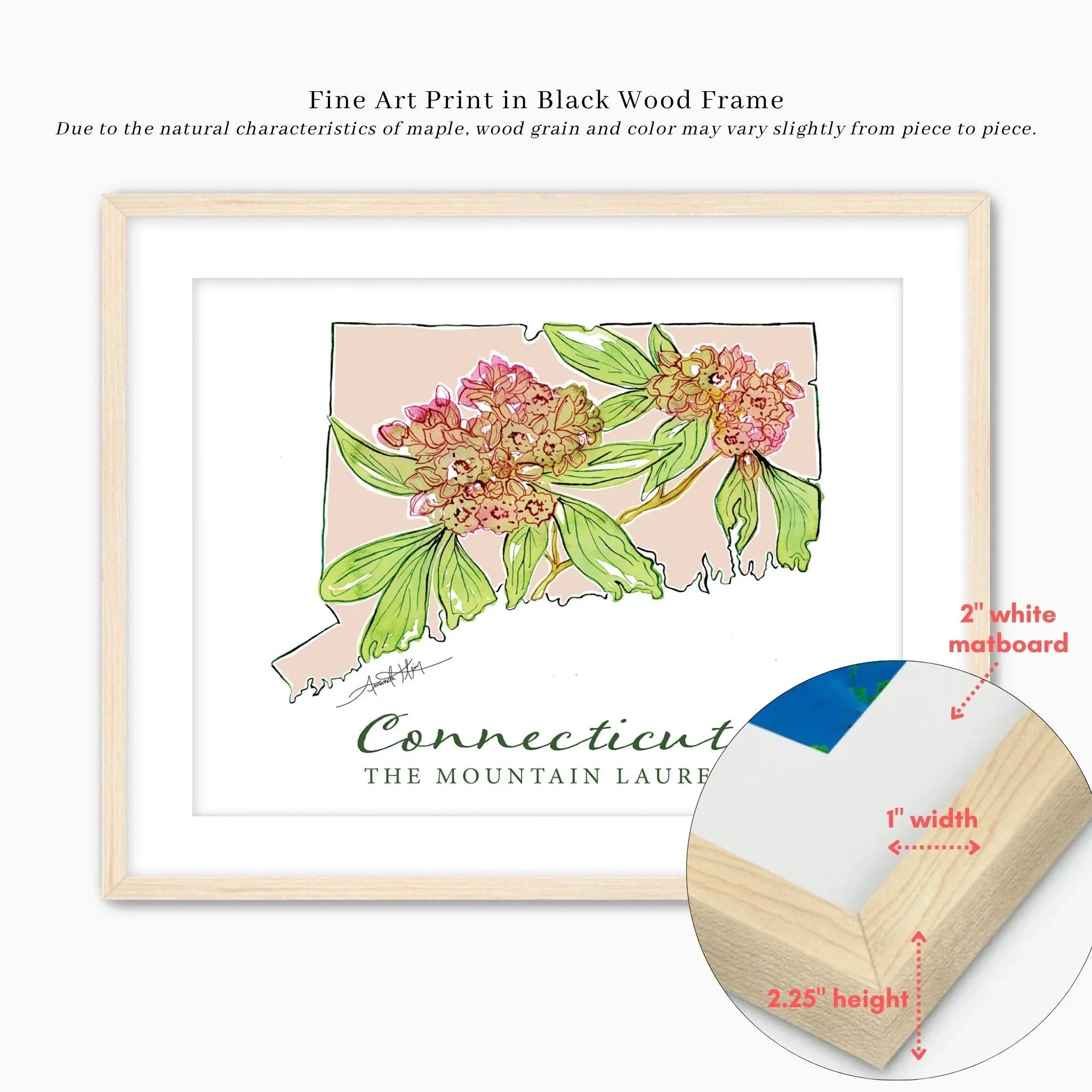 Connecticut state art print with mountain laurel flowers in natural wood frame, 2" white mat