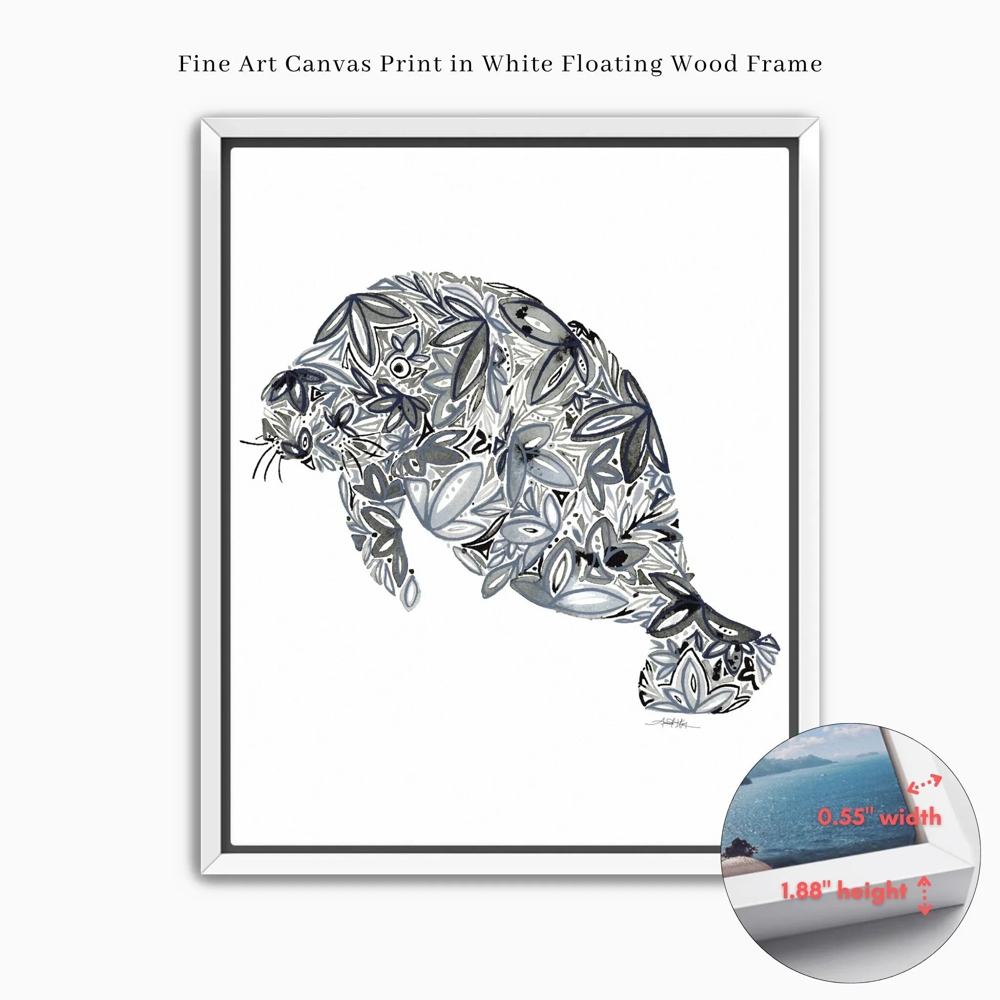 Floral-patterned manatee fine art canvas print in white floating wood frame, hand-designed wall decor