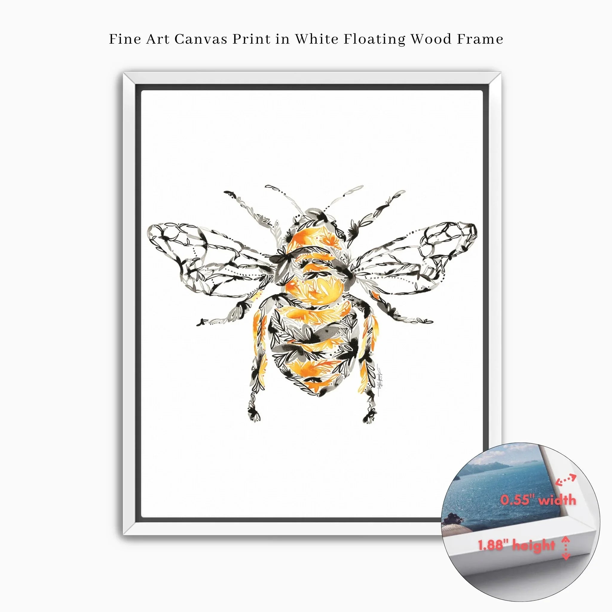 honey bee fine art canvas print in white floating wood frame, floral watercolor design, 0.55" width, 1.88" height