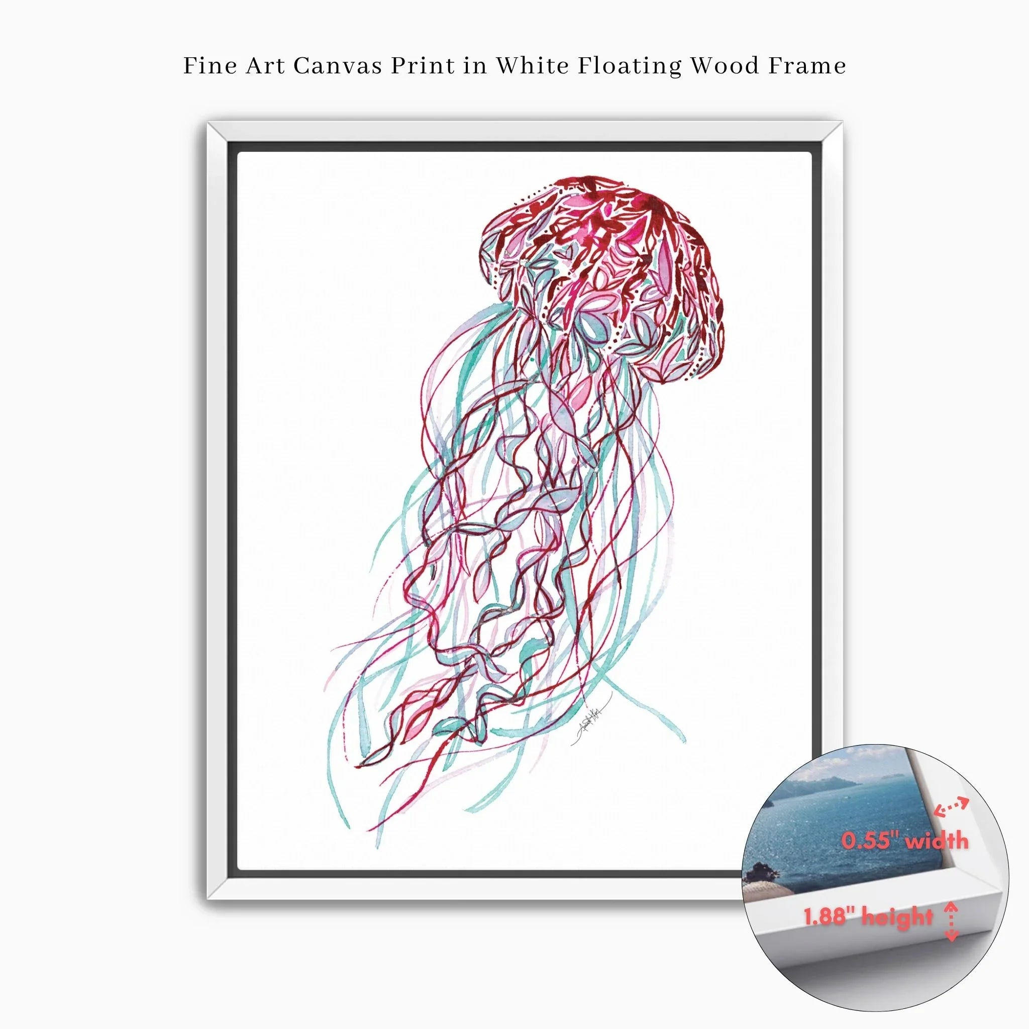 Colorful jellyfish fine art canvas print in white floating wood frame, modern wall decor
