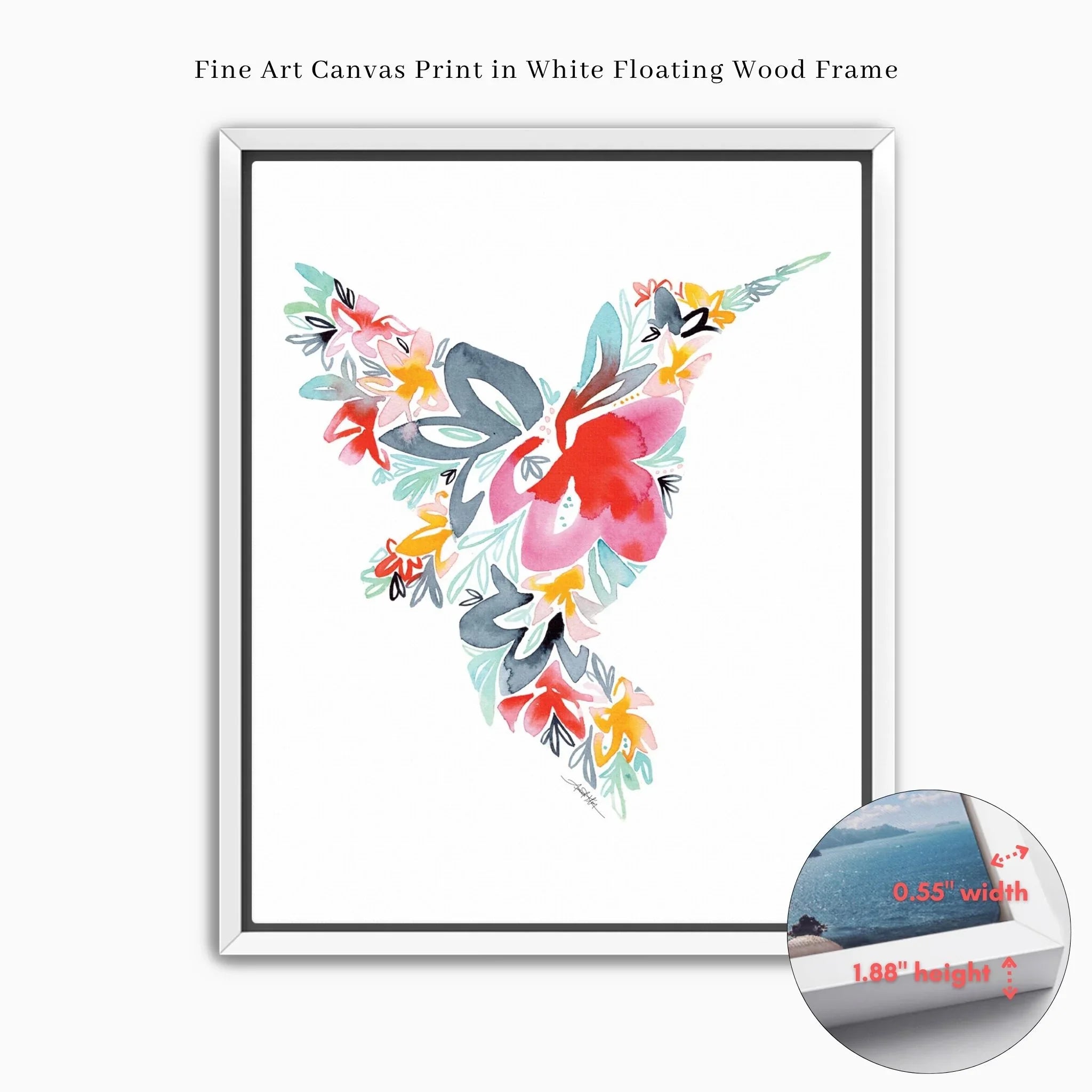 Floral hummingbird fine art canvas print in white floating wood frame, watercolor hummingbird design
