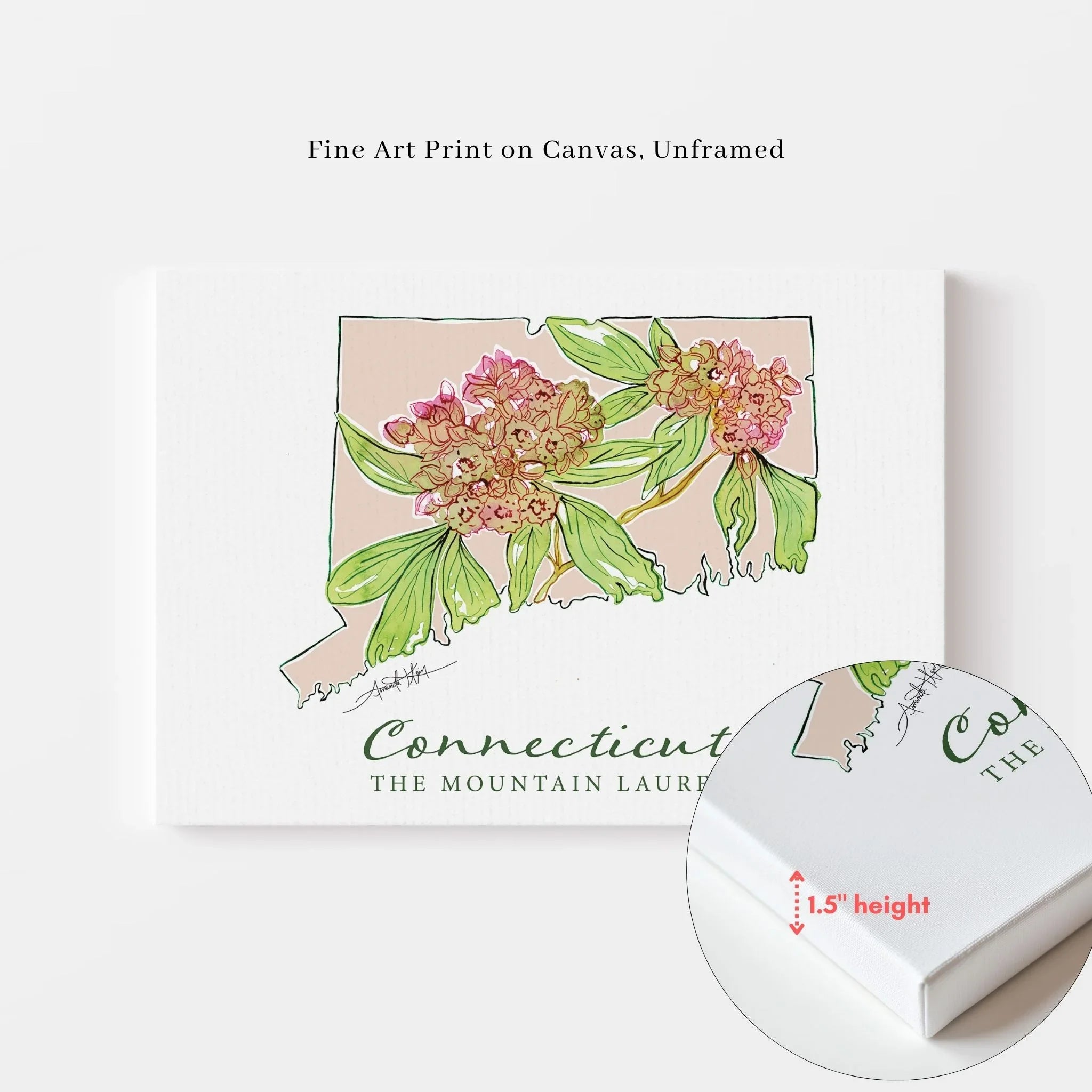 Connecticut state outline with mountain laurel flowers, fine art canvas print, unframed, 1.5" depth