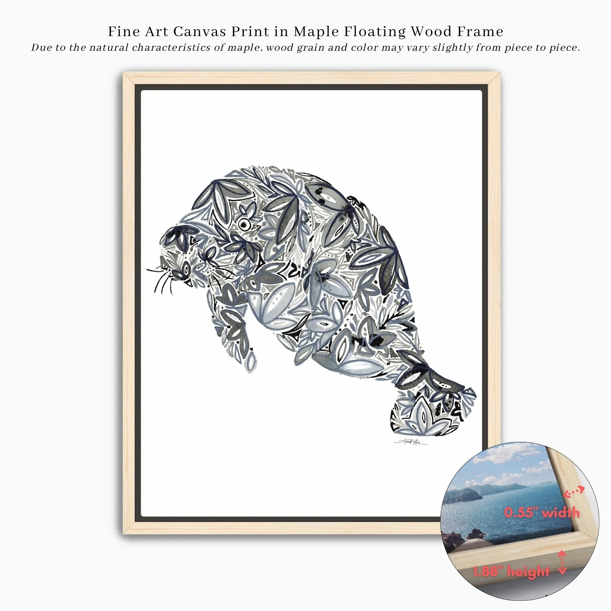 Floral-patterned manatee fine art canvas print in maple floating wood frame, decorative wall art
