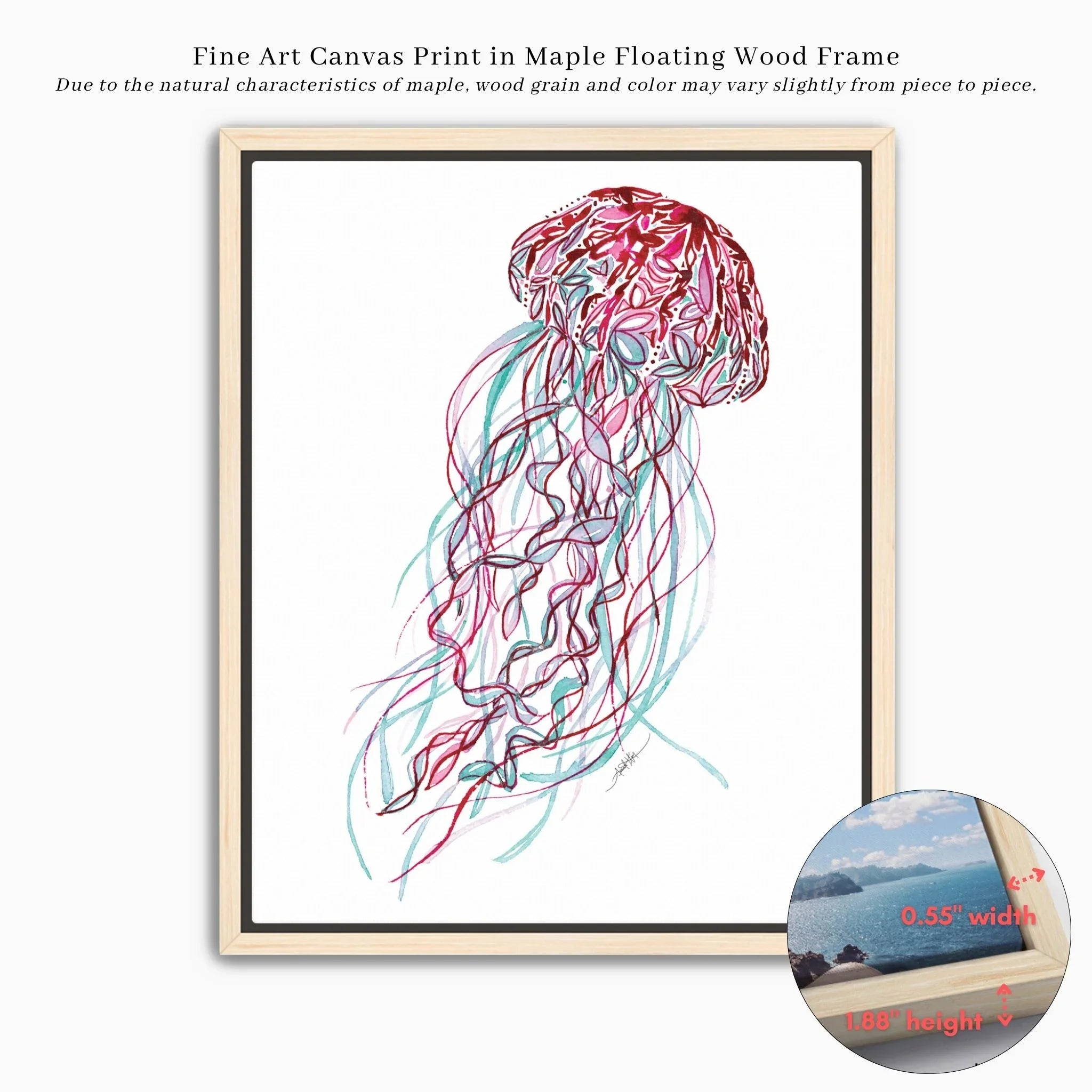 Colorful jellyfish fine art canvas print in maple floating wood frame, hand-drawn ocean decor