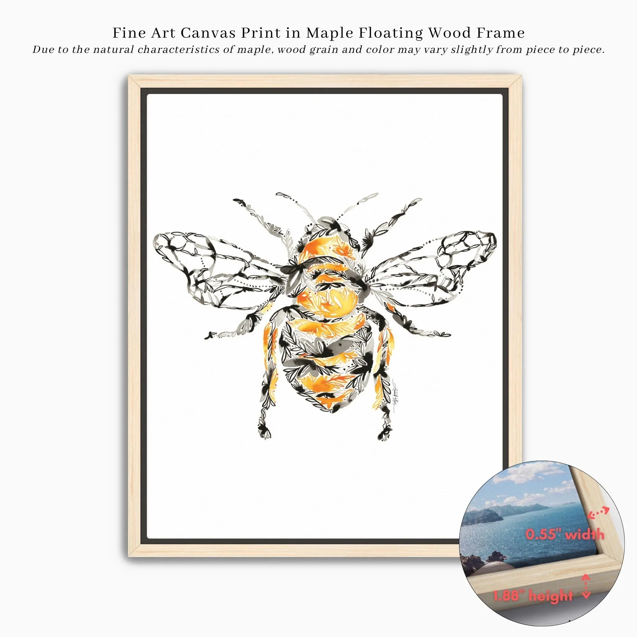 honey bee fine art canvas print in maple floating wood frame, floral pattern, decorative wall art