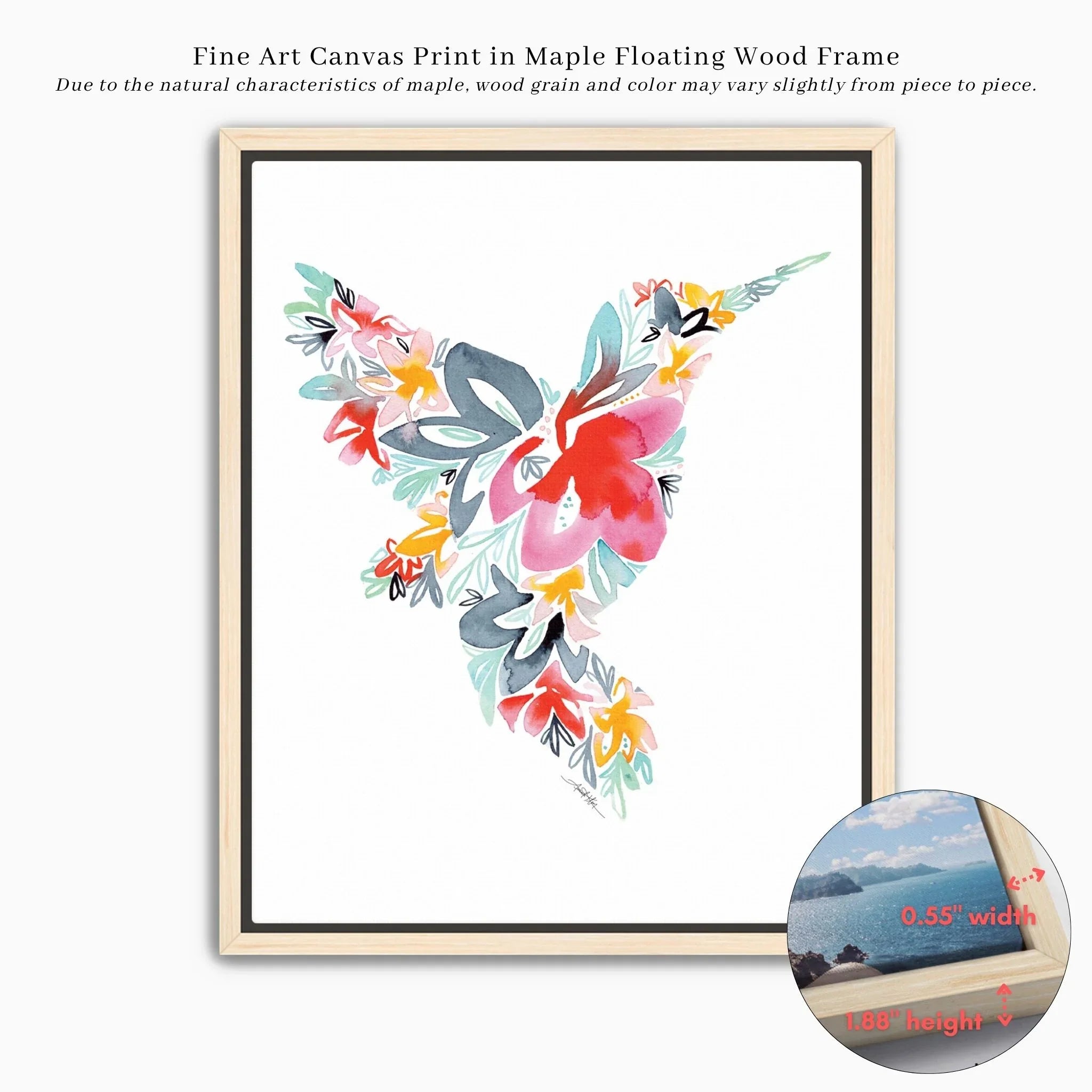 Floral hummingbird fine art canvas print in maple floating wood frame, vibrant watercolor design