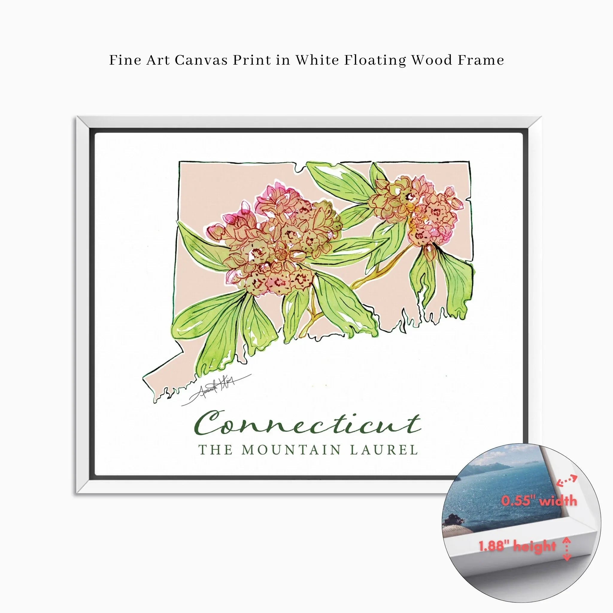 Connecticut state art print with mountain laurel flowers in white floating frame, fine art canvas