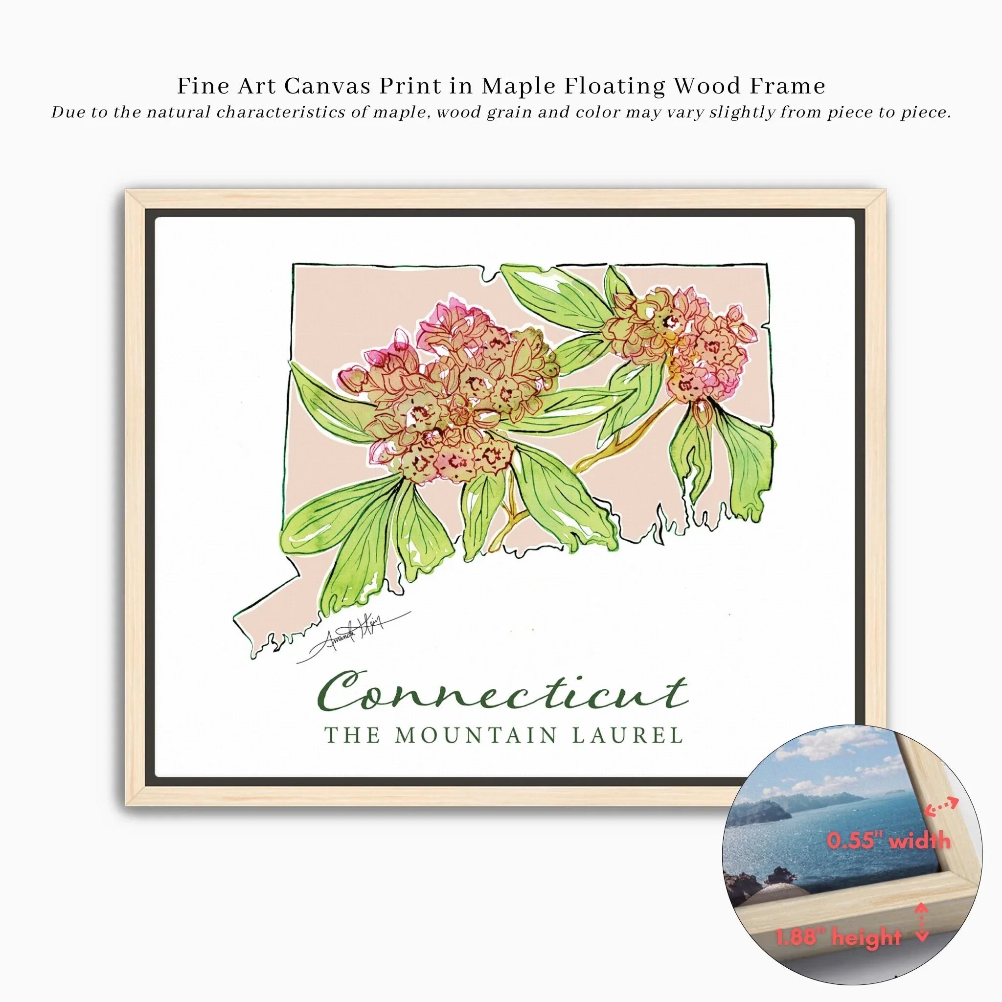 Connecticut state art print with mountain laurel flowers in maple floating frame, fine art canvas wall decor