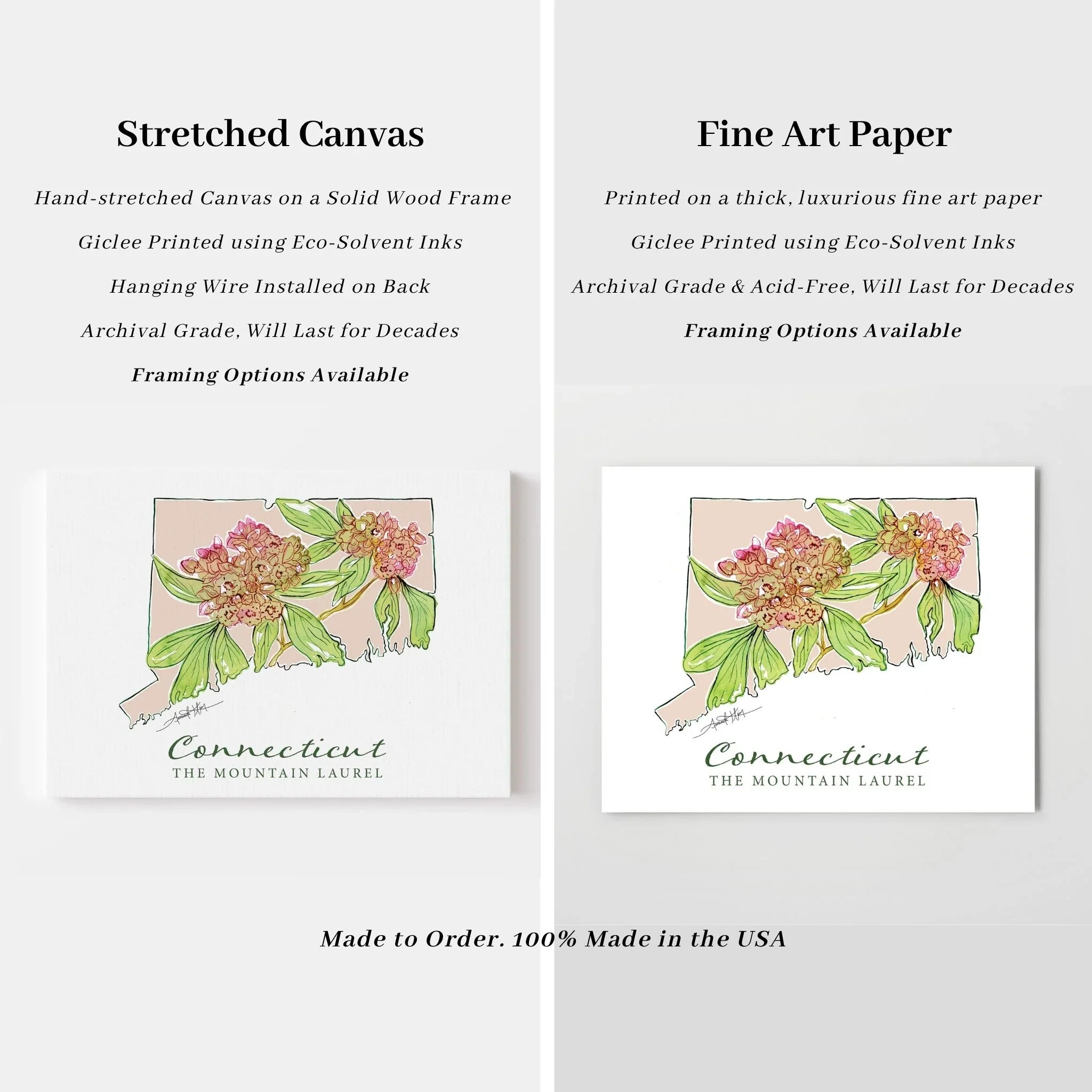 Connecticut state print with mountain laurel flowers, stretched canvas & fine art paper options, USA made