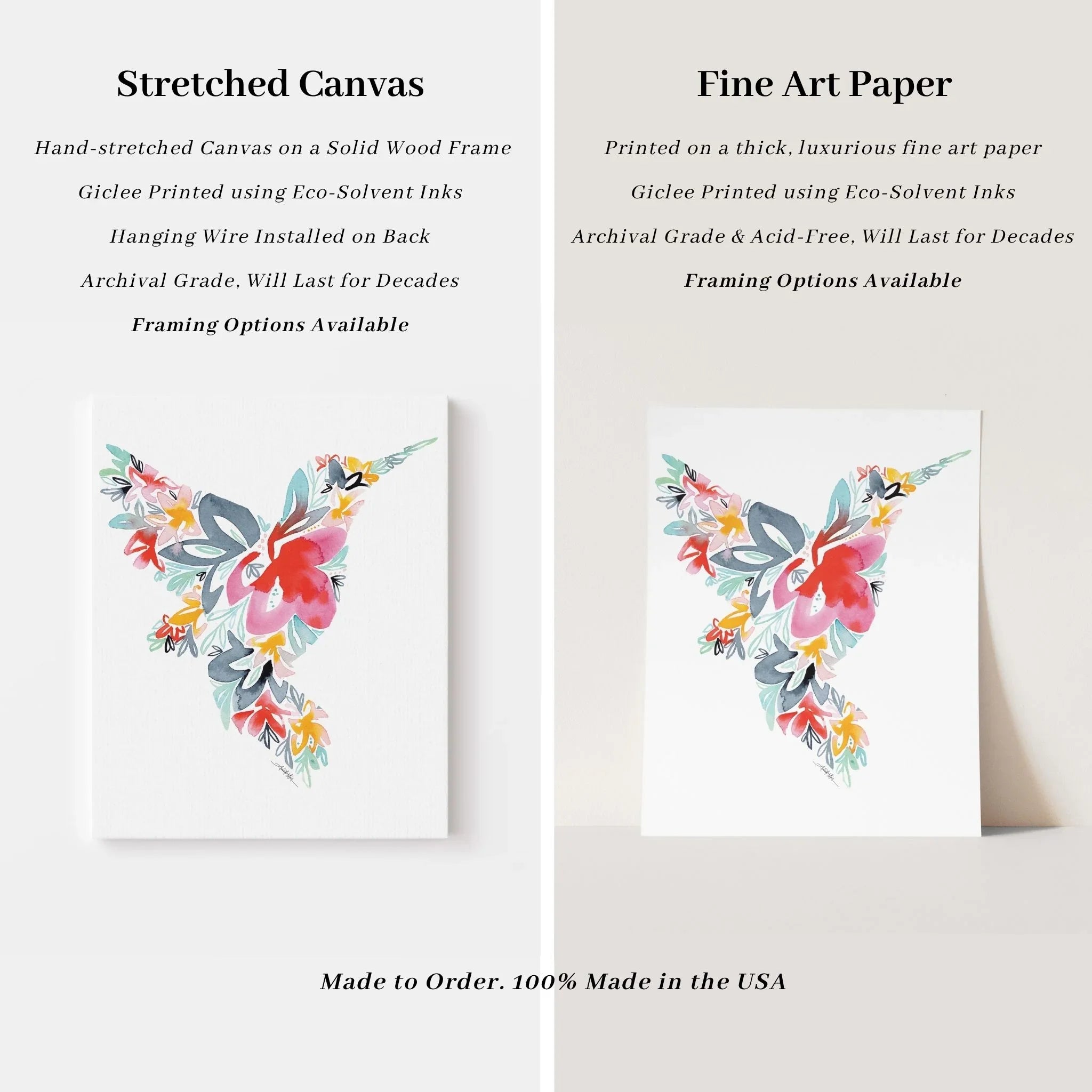 Floral butterfly art print on stretched canvas and fine art paper, USA made, archival grade