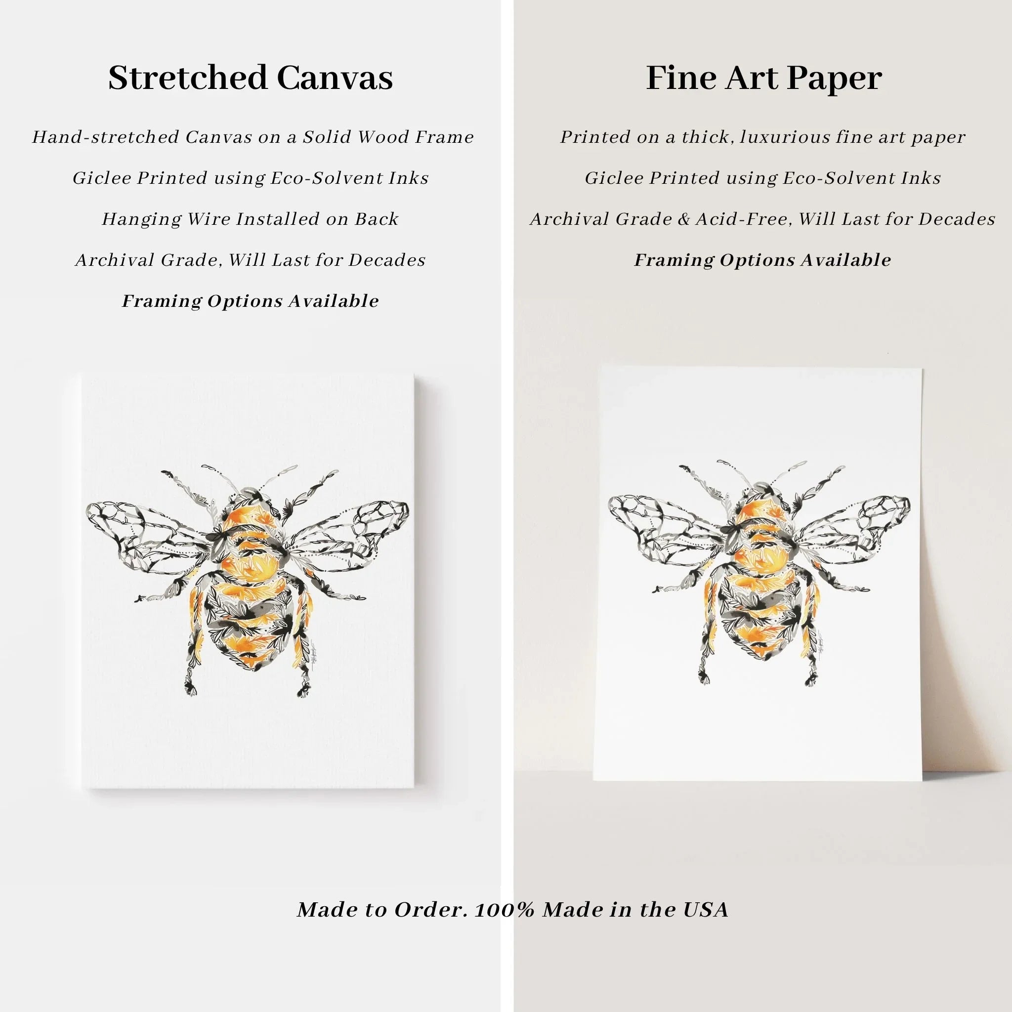 honey bee art print on stretched canvas and fine art paper, archival giclée, made in USA