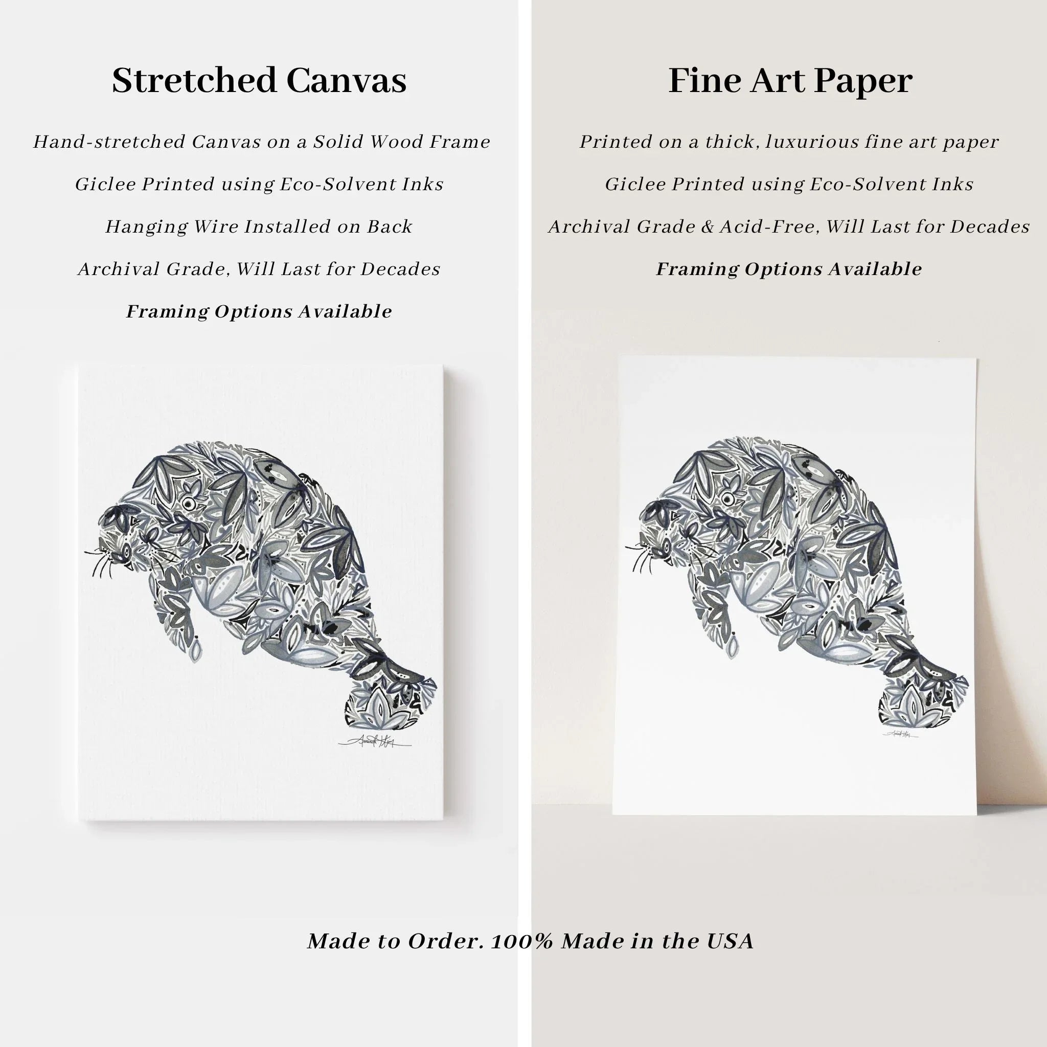 Floral manatee art print on stretched canvas and fine art paper, archival giclée, made in USA