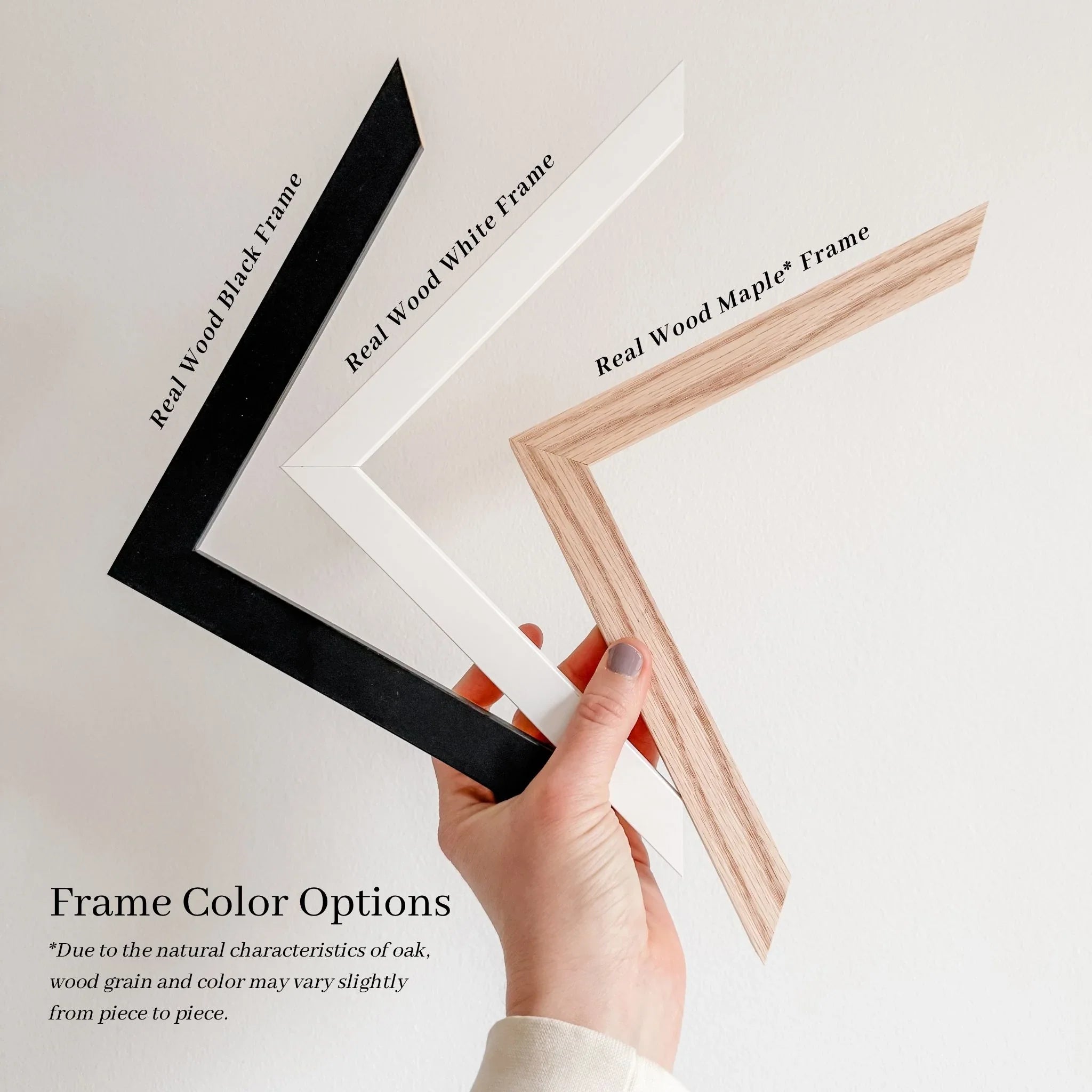 Real wood frame options: black, white, and maple for wall art prints