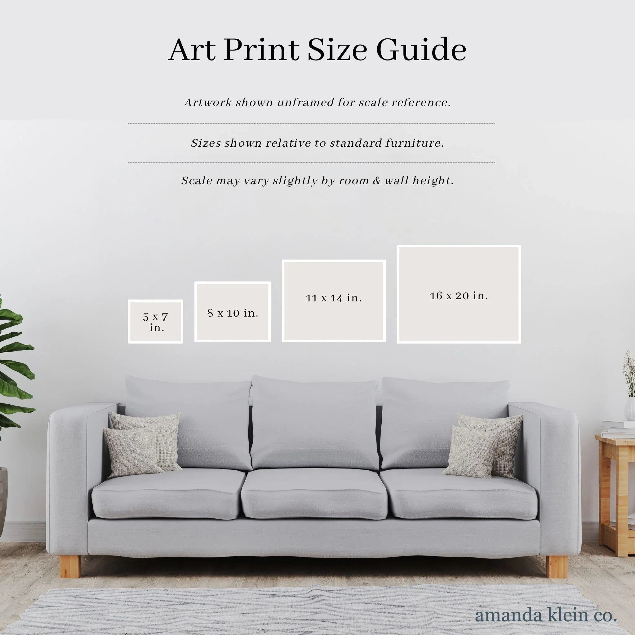 Art print size guide showing 5x7, 8x10, 11x14, and 16x20 inch prints above a gray sofa for scale reference