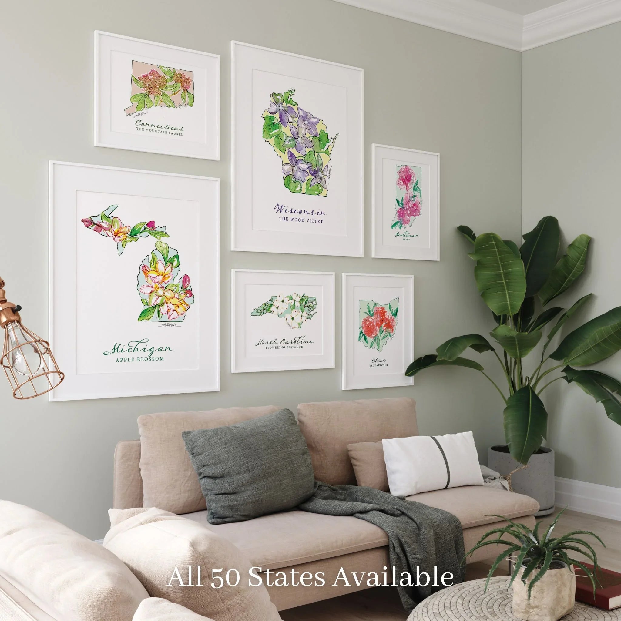 Framed state flower art prints for living room wall decor, featuring Michigan, Wisconsin, and more. All 50 states available.