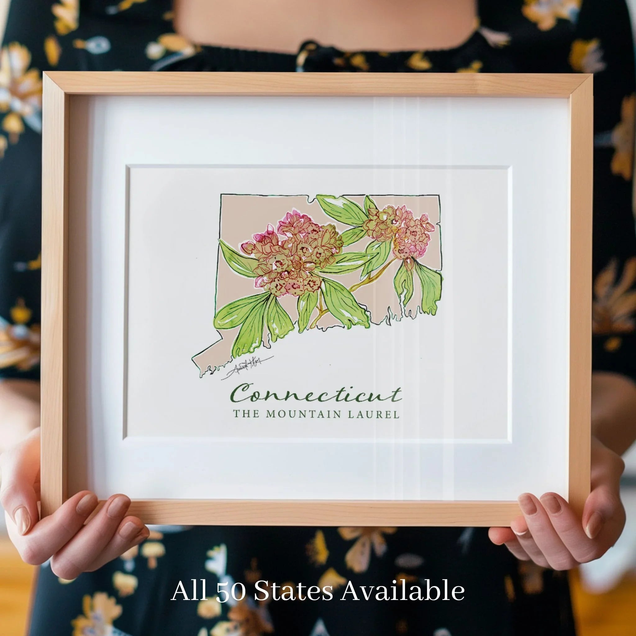 Framed Connecticut state print with mountain laurel flowers, part of 50-state collection, ideal wall art gift