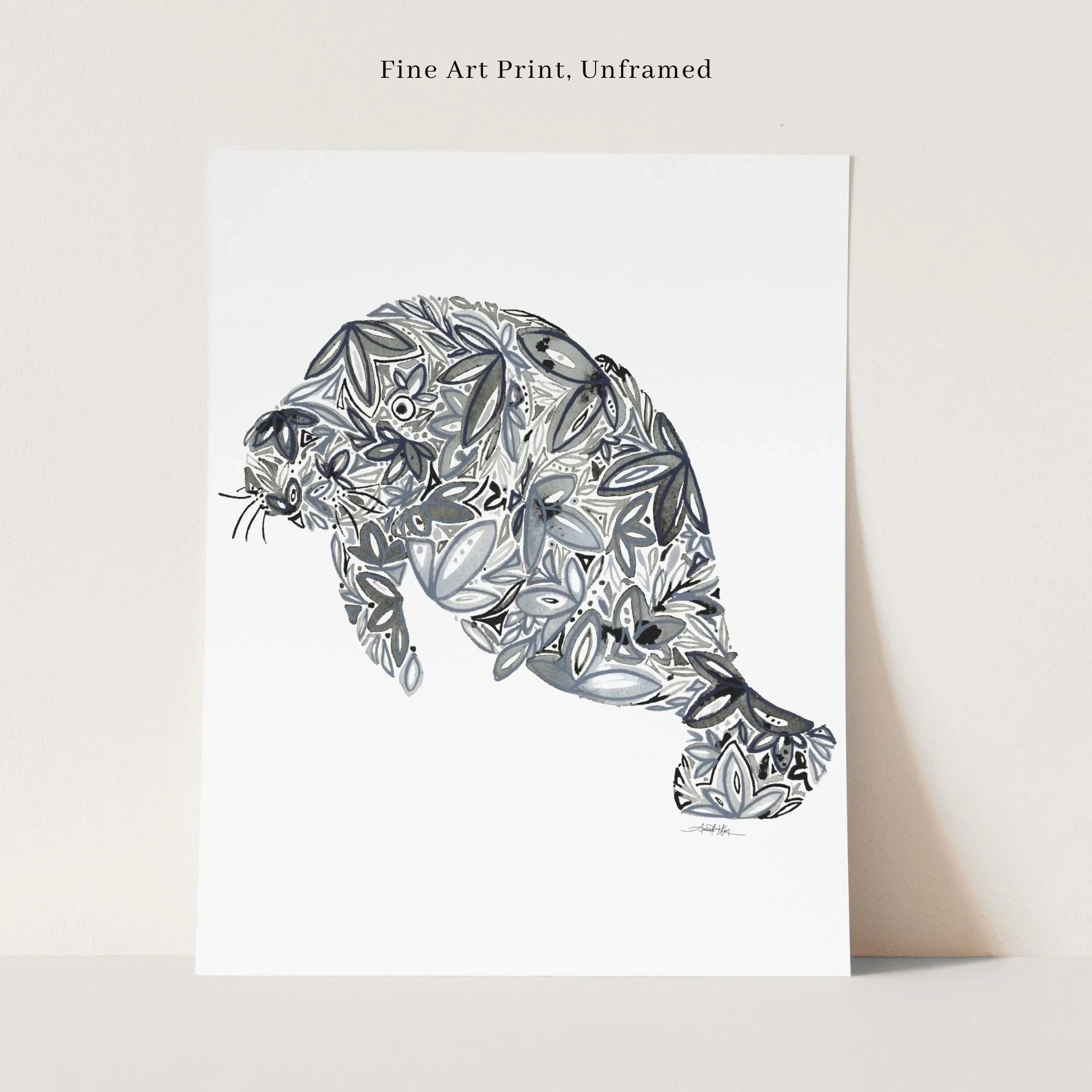 Unframed fine art print of a manatee composed of floral patterns in blue and gray tones