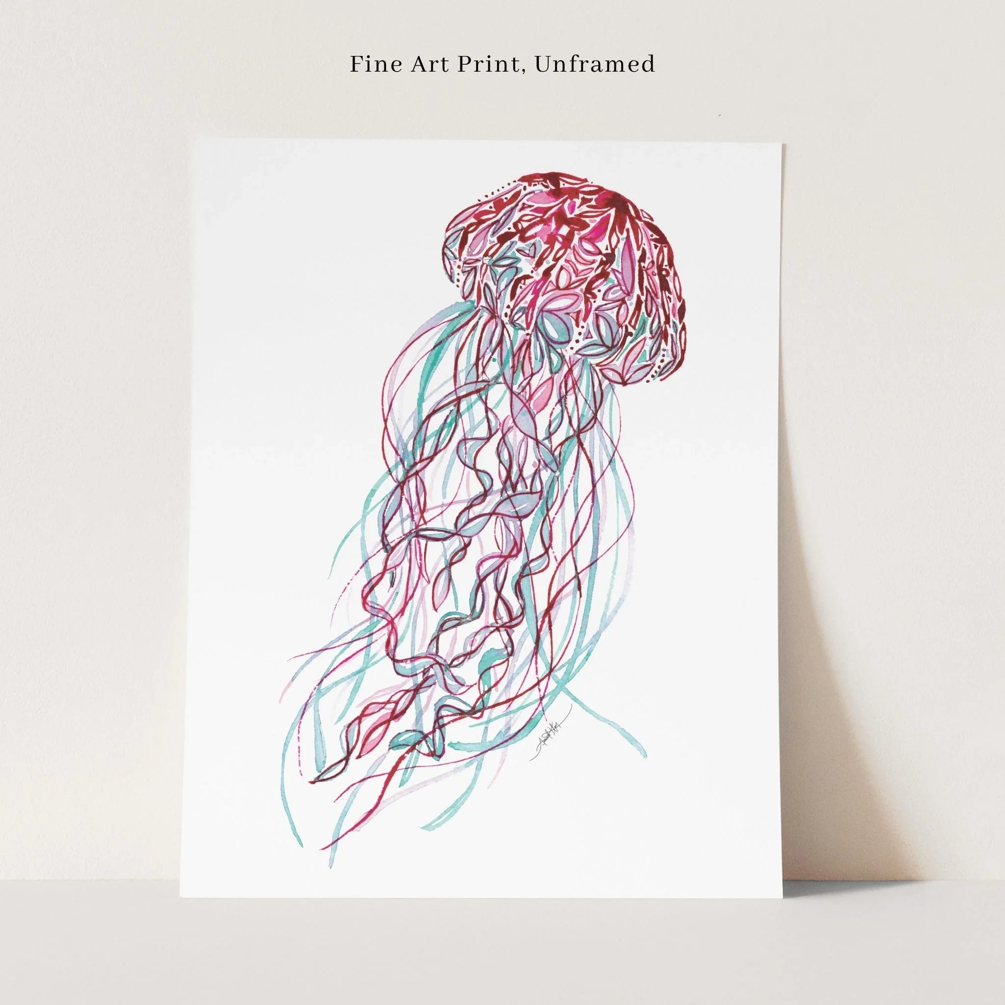 Unframed fine art print of a colorful jellyfish with red and teal tentacles, hand-drawn watercolor style