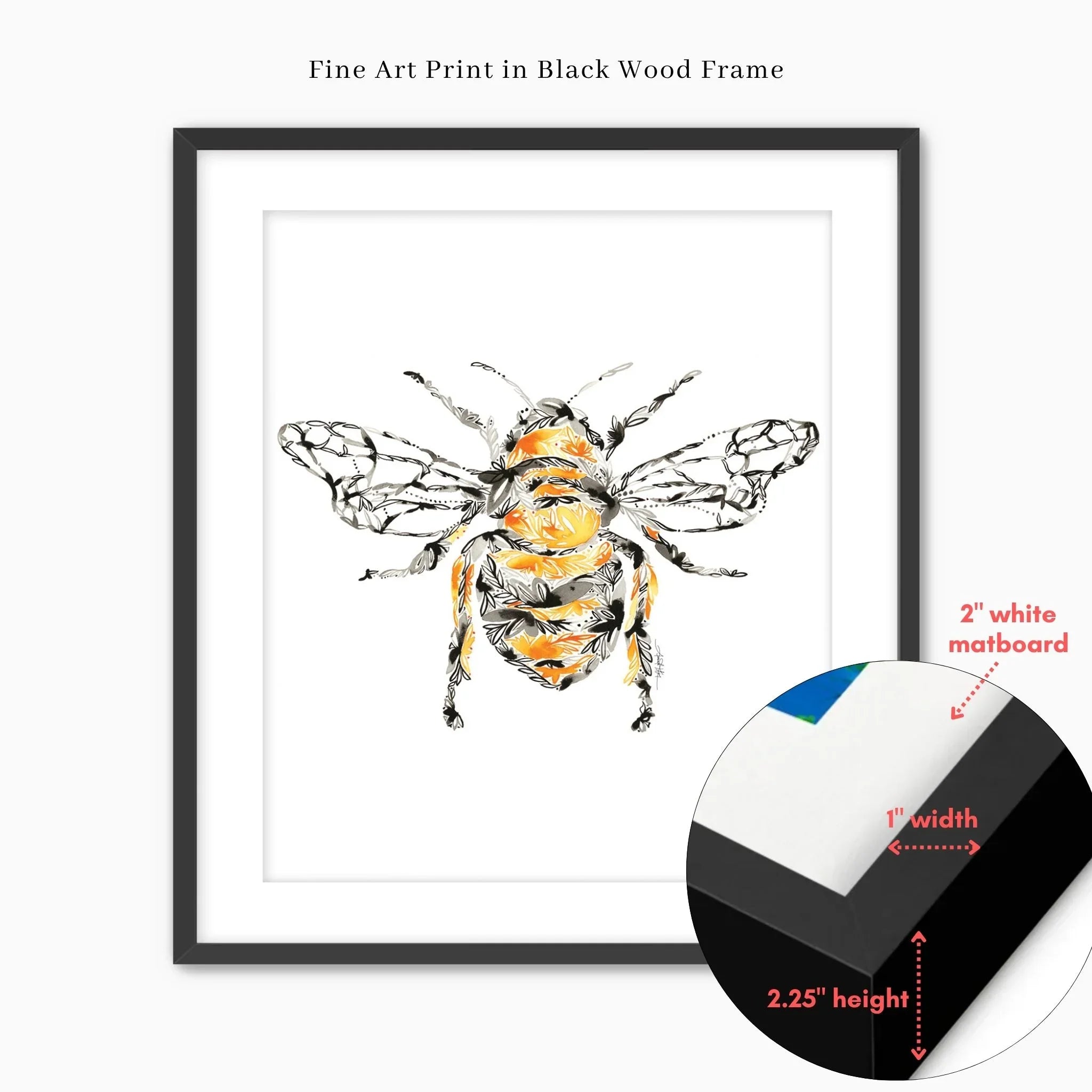 Framed honey bee fine art print with black wood frame and white matboard, decorative wall art