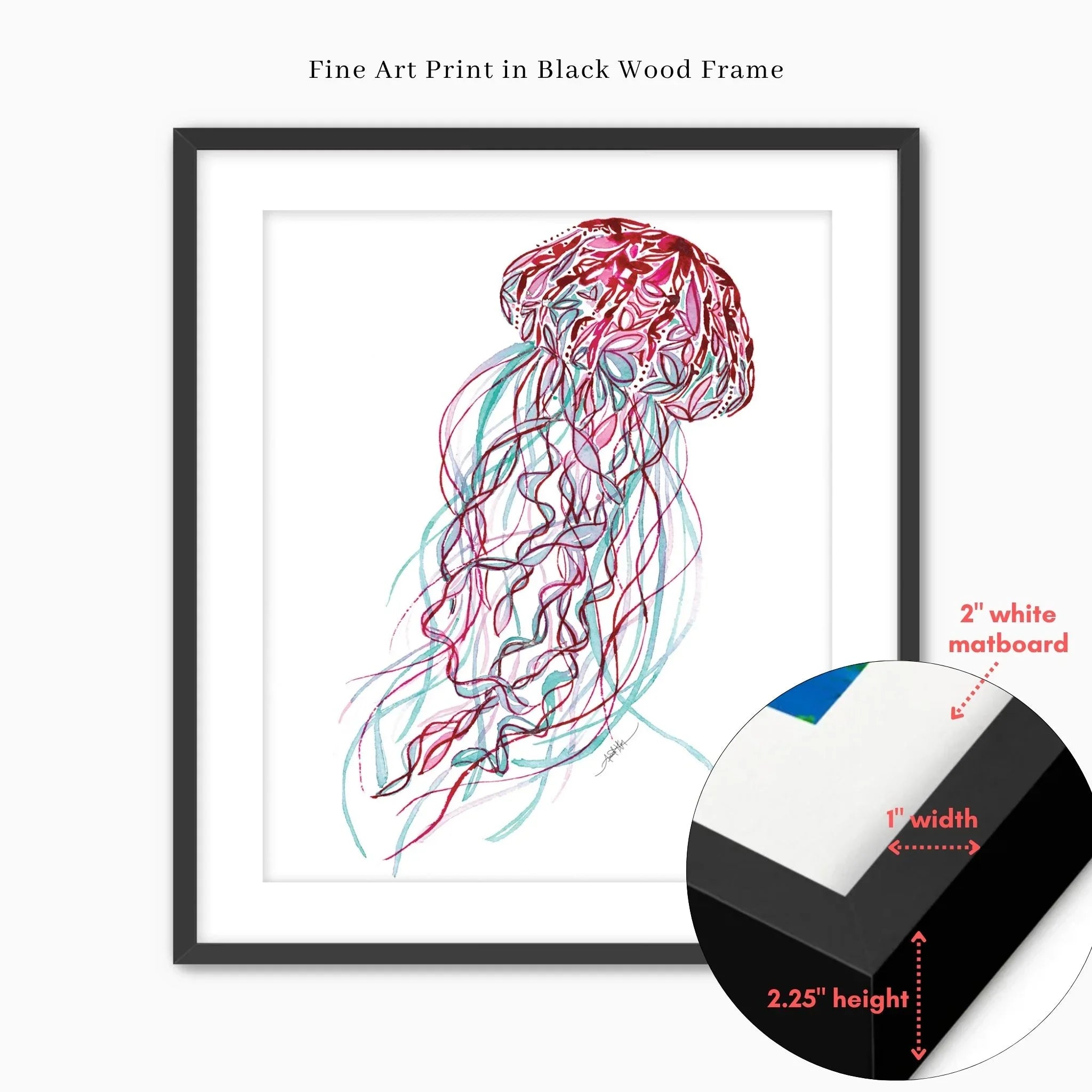 Framed jellyfish fine art print with black wood frame and white matboard, colorful watercolor design