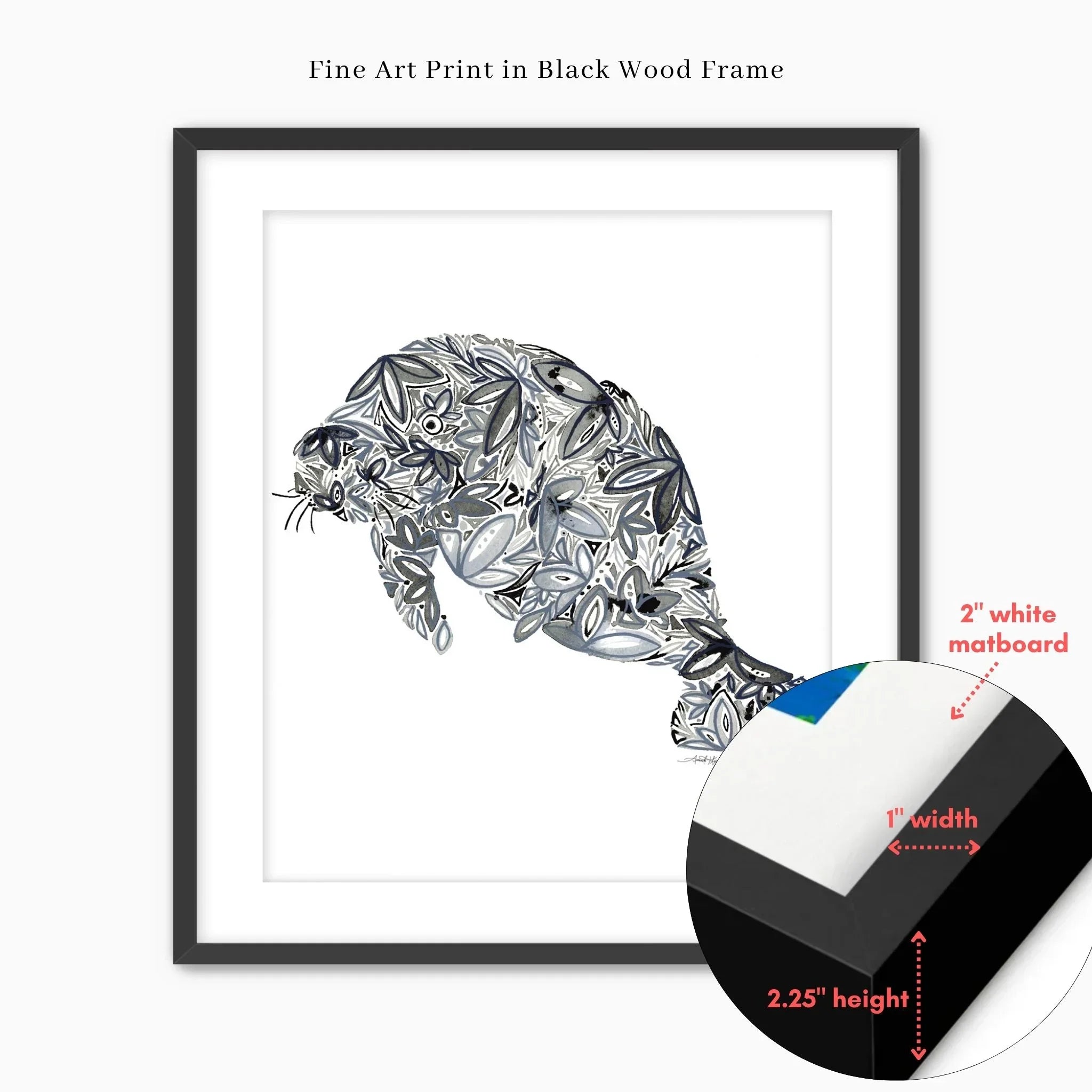 Fine art print of floral-patterned manatee in black wood frame with white matboard, 2.25" height