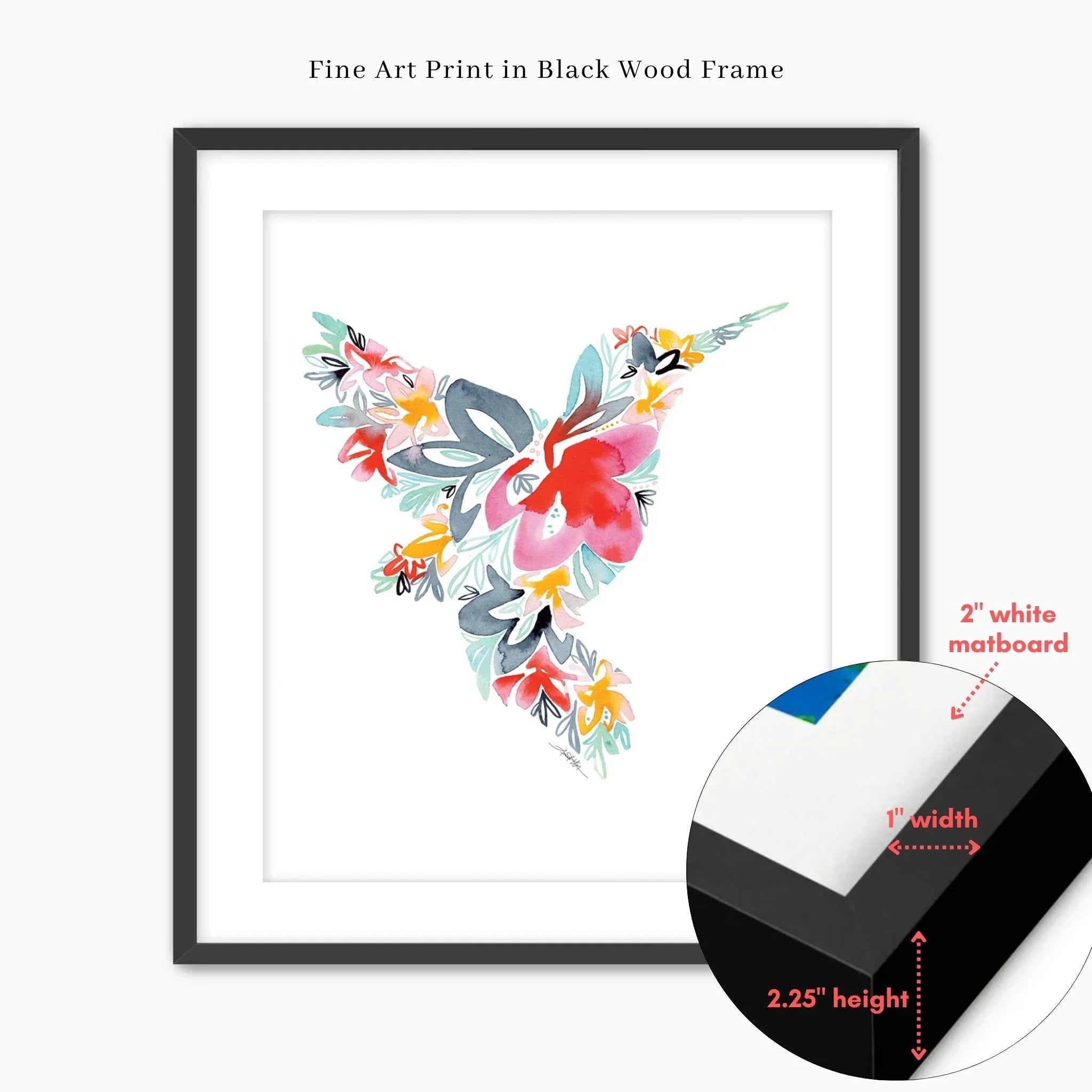 Floral hummingbird fine art print in black wood frame with white matboard, vibrant watercolor design