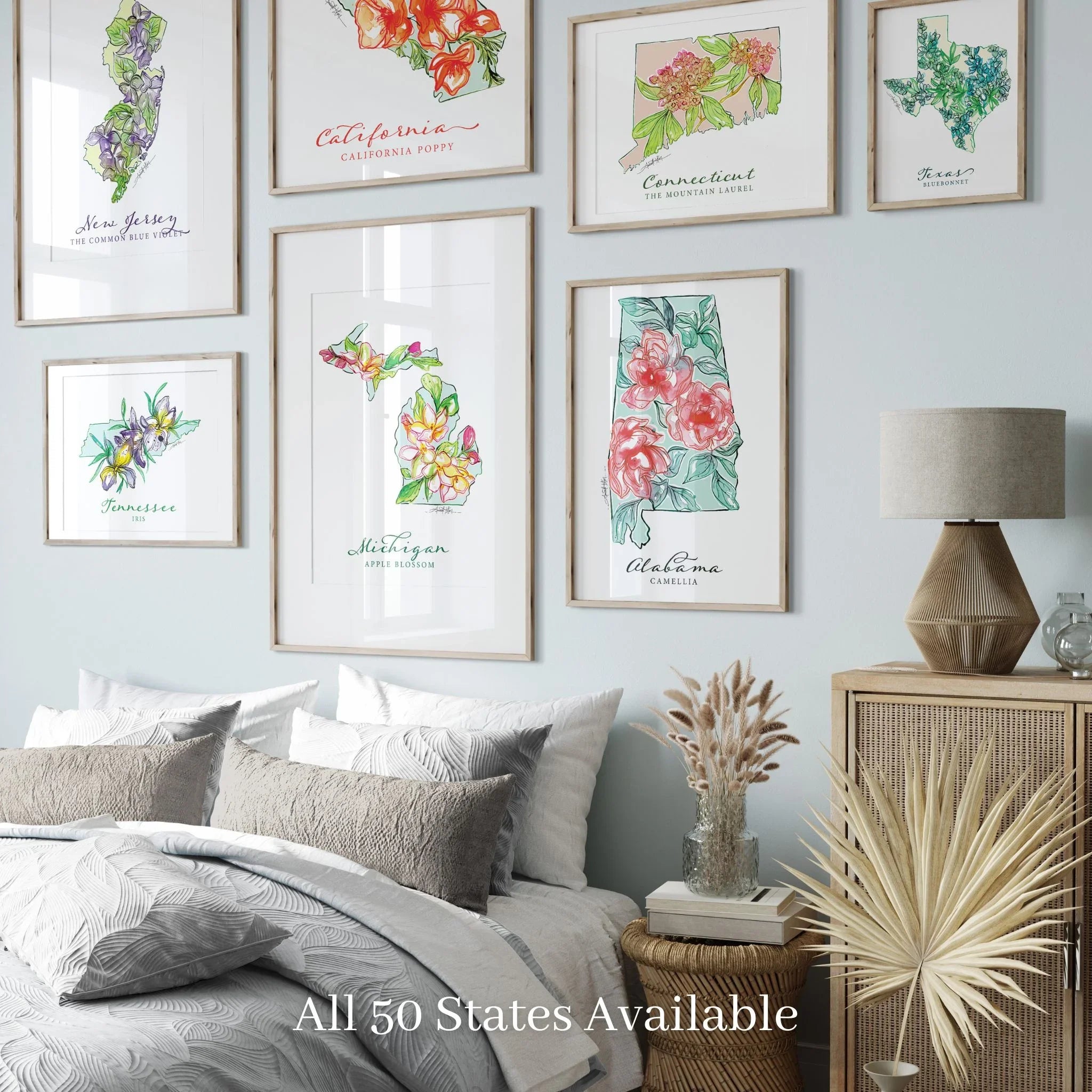 Framed state flower art prints for bedroom wall decor, featuring floral designs of California, Texas, Alabama & more