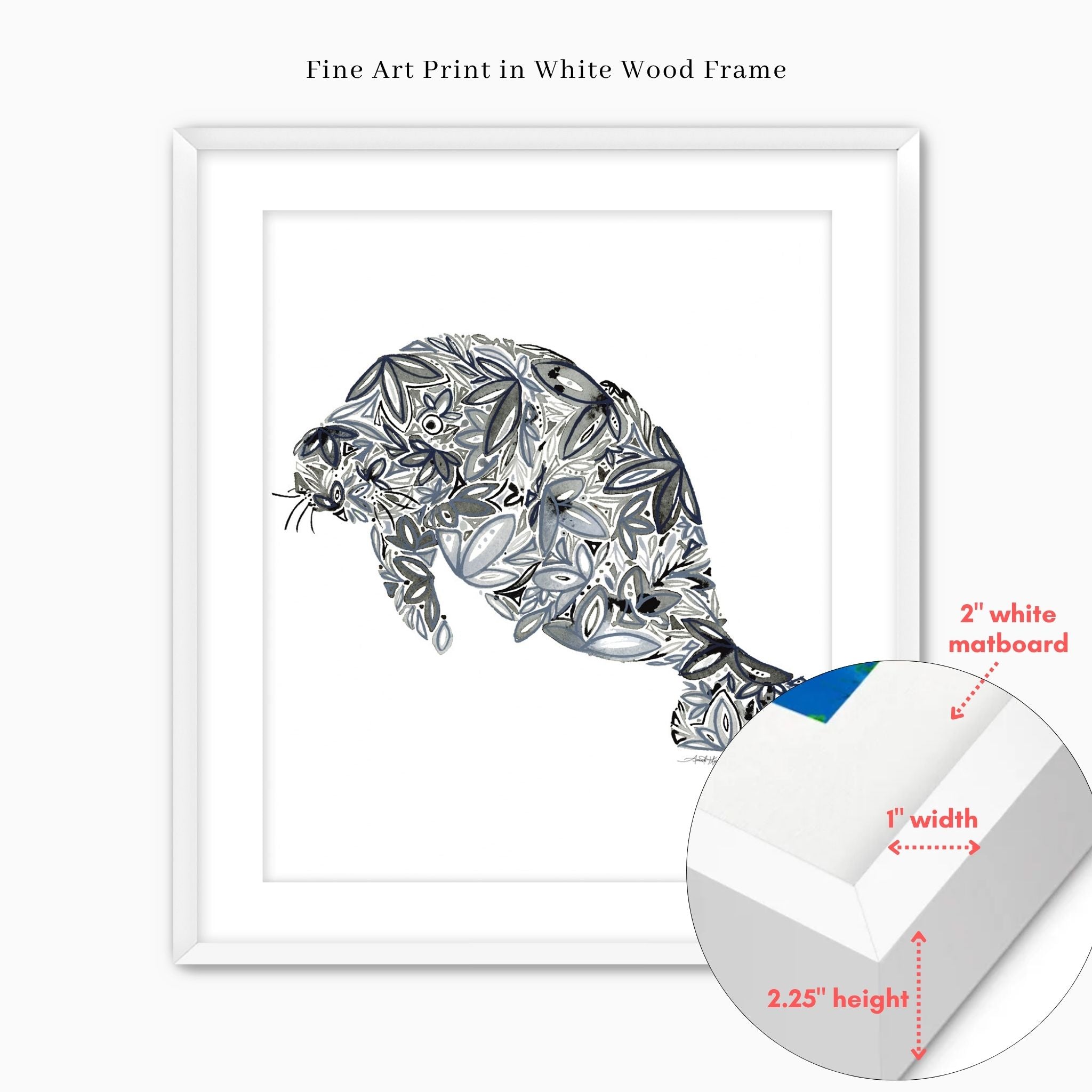 Framed fine art print of a floral-patterned manatee in white wood frame with 2" matboard