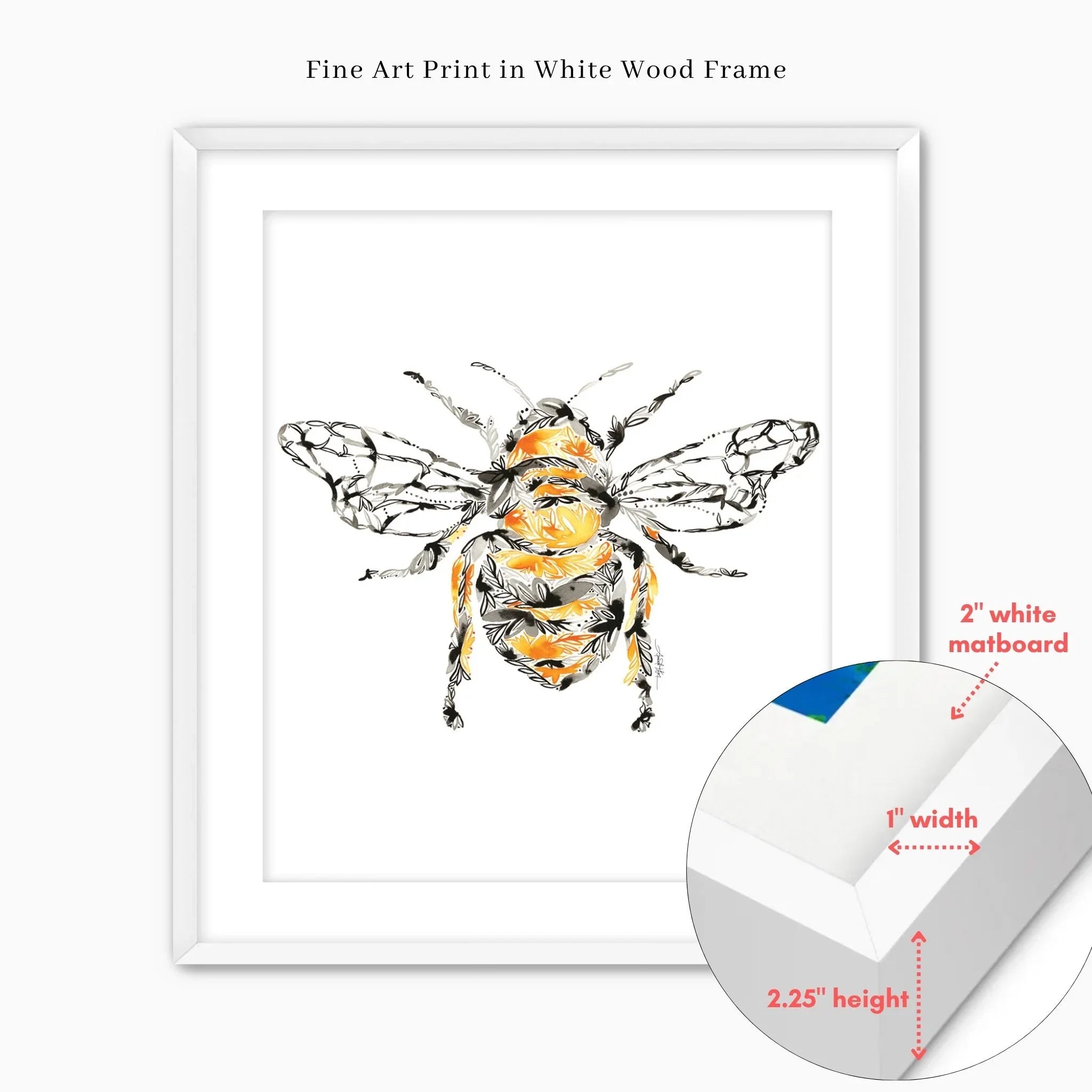 honey bee fine art print in white wood frame with 2" matboard, decorative floral design