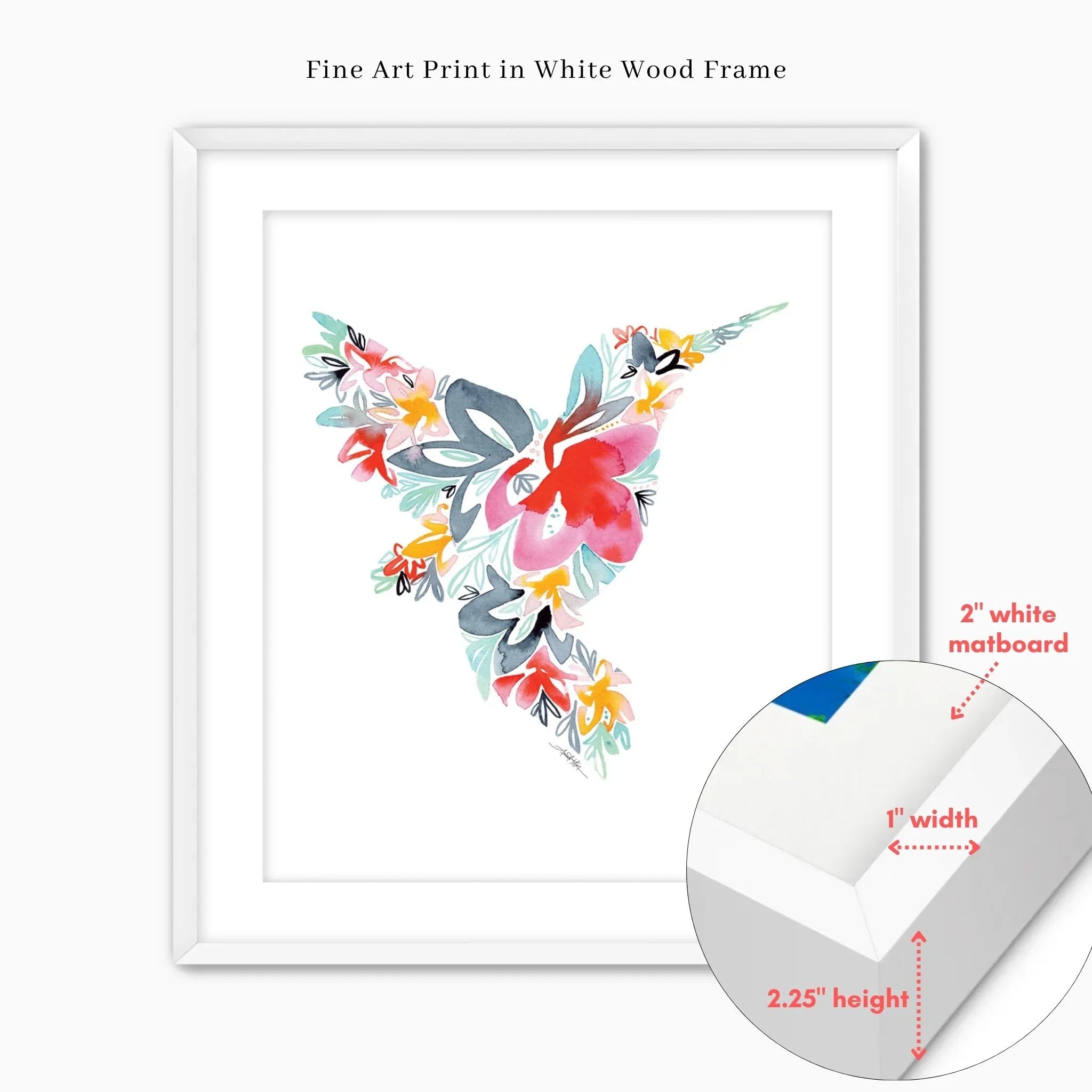 Floral hummingbird fine art print in white wood frame with 2" matboard, perfect wall decor