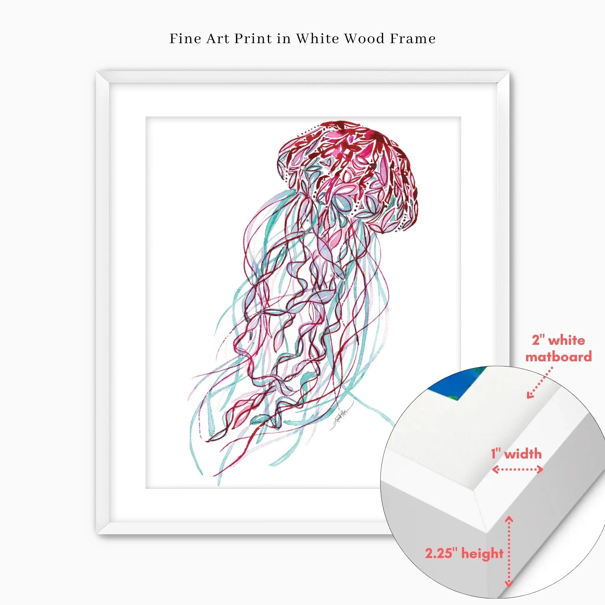 Colorful jellyfish fine art print in white wood frame with 2" matboard, ideal wall decor