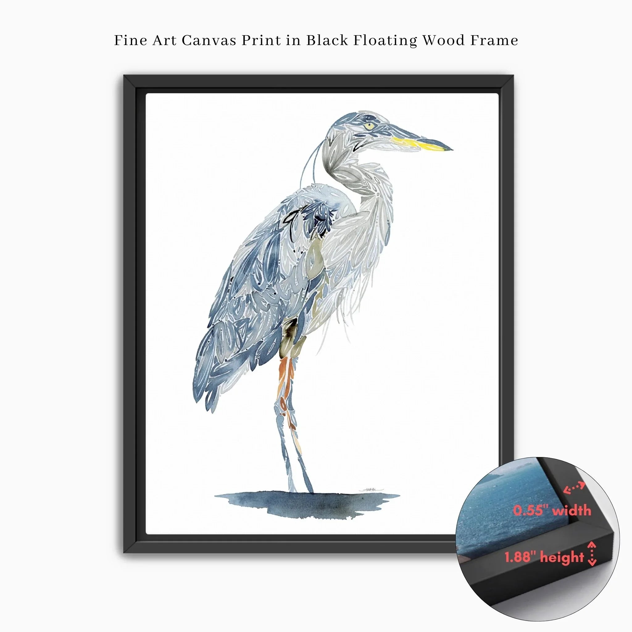 Blue heron fine art canvas print in black floating frame, watercolor style with detailed feathers