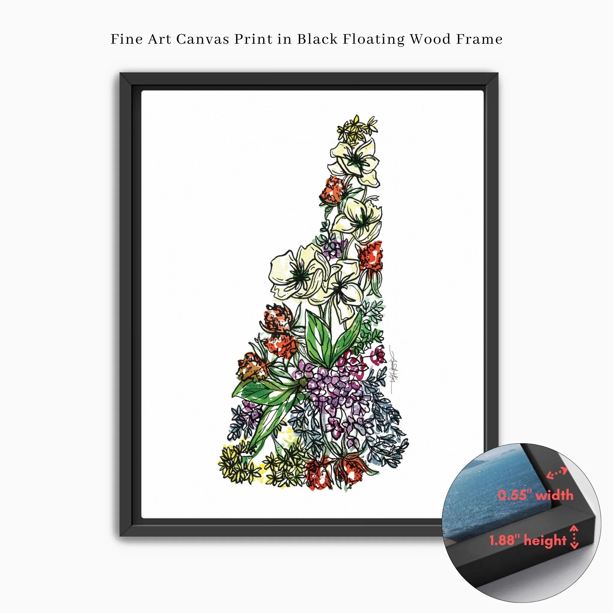 New Hampshire Floral state map art print in black floating frame, vibrant flowers, fine art canvas