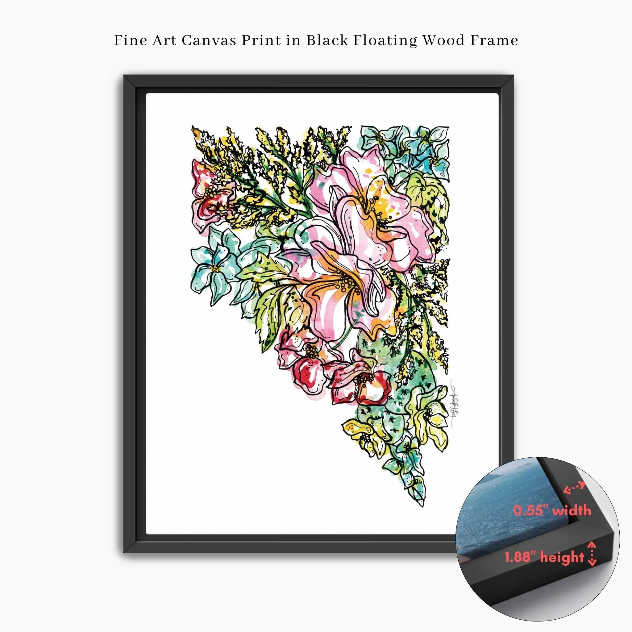 Colorful Nevada floral fine art canvas print in black floating wood frame, vibrant watercolor bouquet design