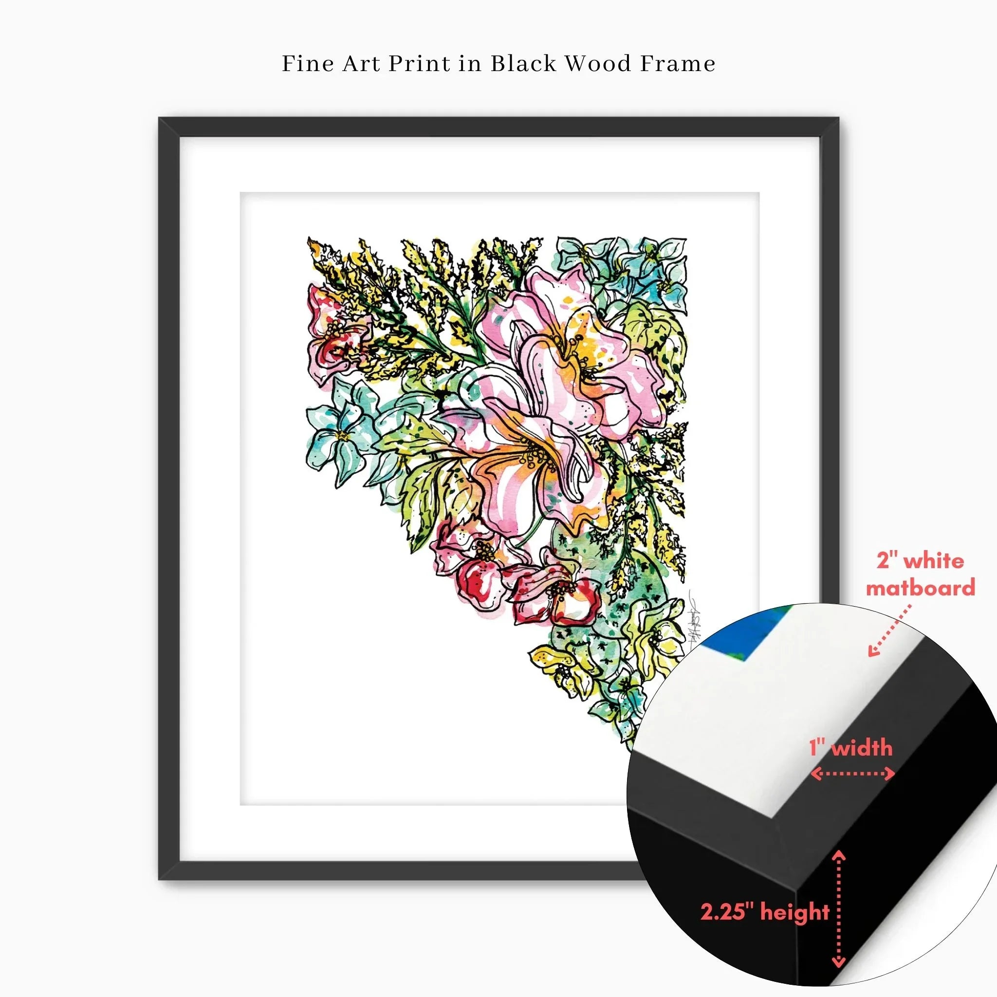 Floral Nevada fine art print in black wood frame with 2-inch white matboard, perfect wall decor