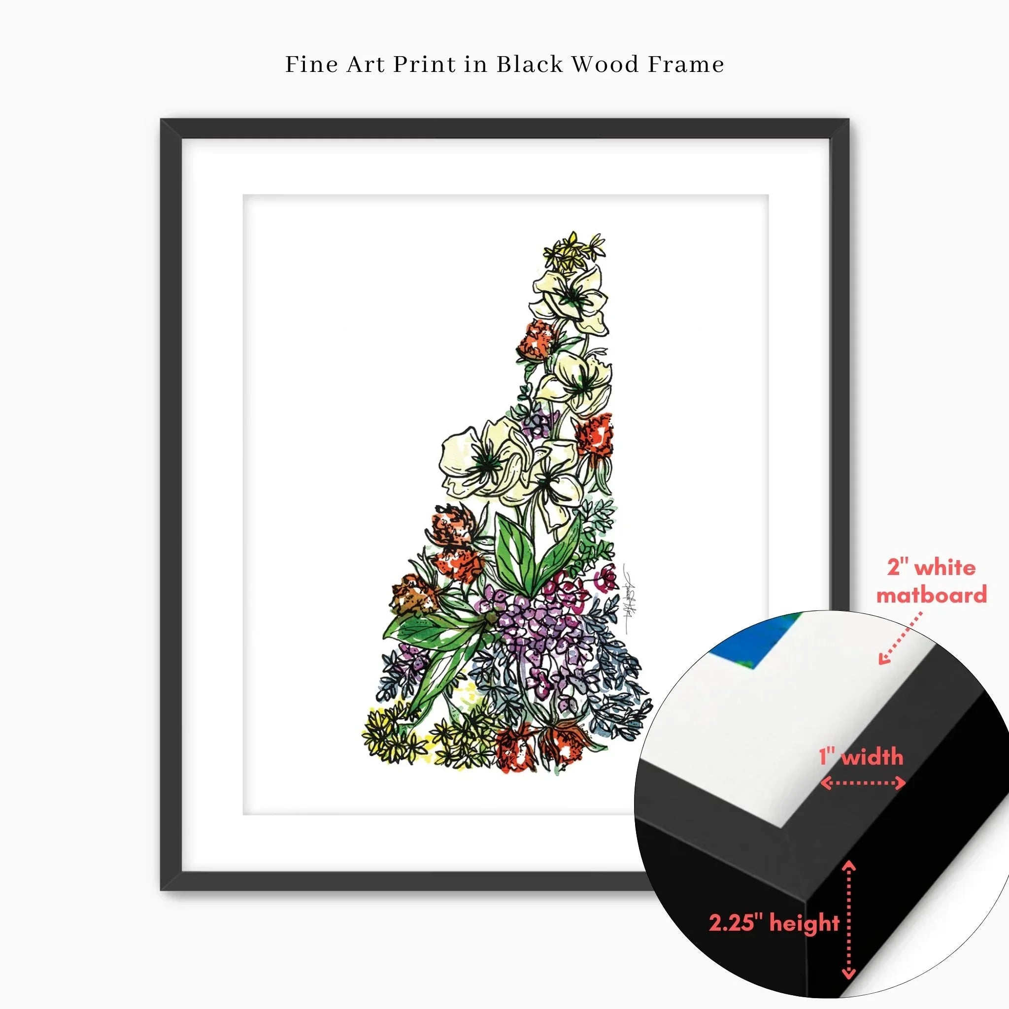 New Hampshire Floral state map fine art print in black wood frame with white matboard