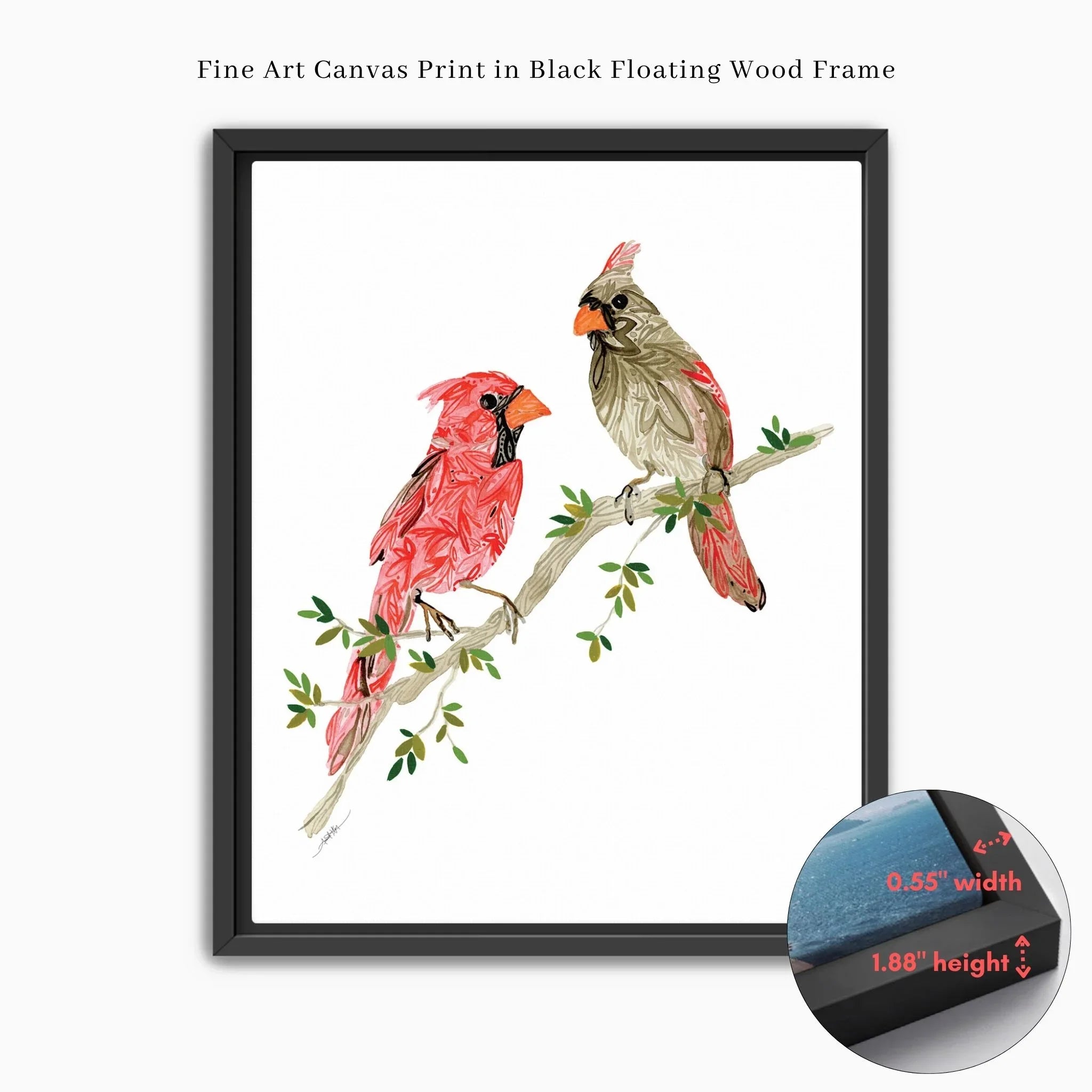Cardinal bird art print in black floating frame, fine art canvas with branch design